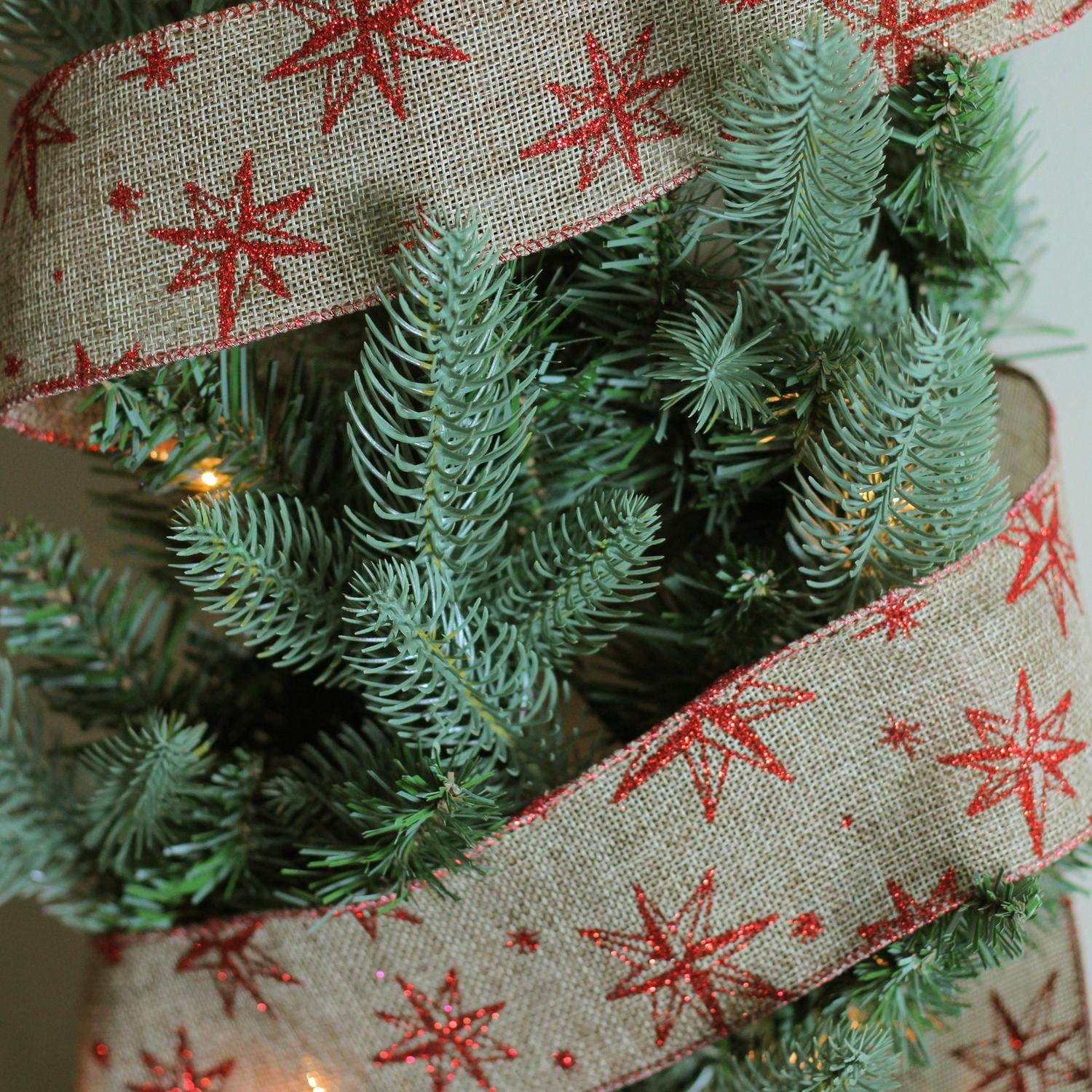 Star & Beige Burlap Wired Christmas Craft Ribbon