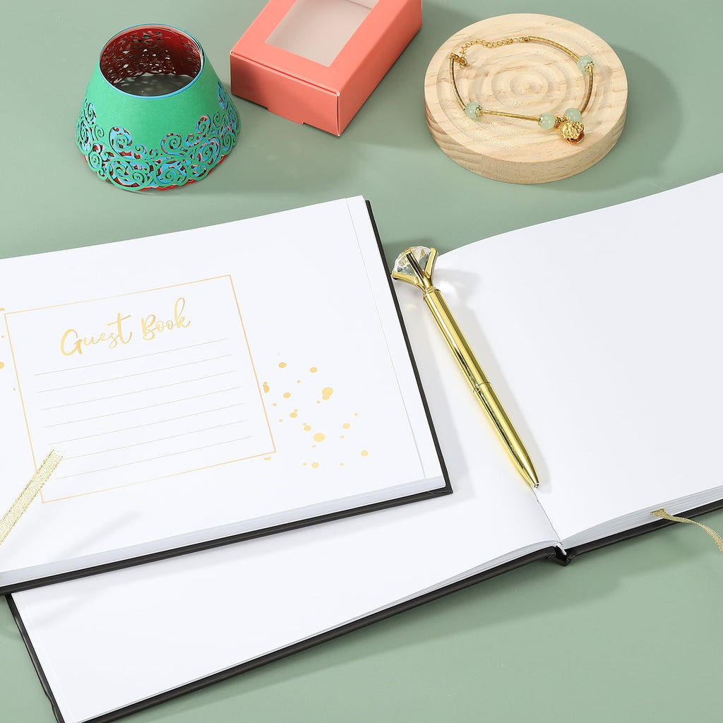 Guest Book, Wedding Guest Sign Book Reception Signature Book Party Decorations Supplies with Diamond Pen for Birthday Bridal Shower, Black Words