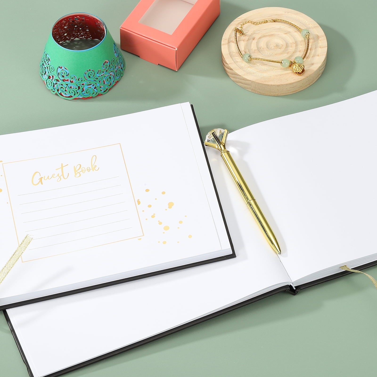 Guest Book, Wedding Guest Sign Book Reception Signature Book Party Decorations Supplies with Diamond Pen for Birthday Bridal Shower, Black Words