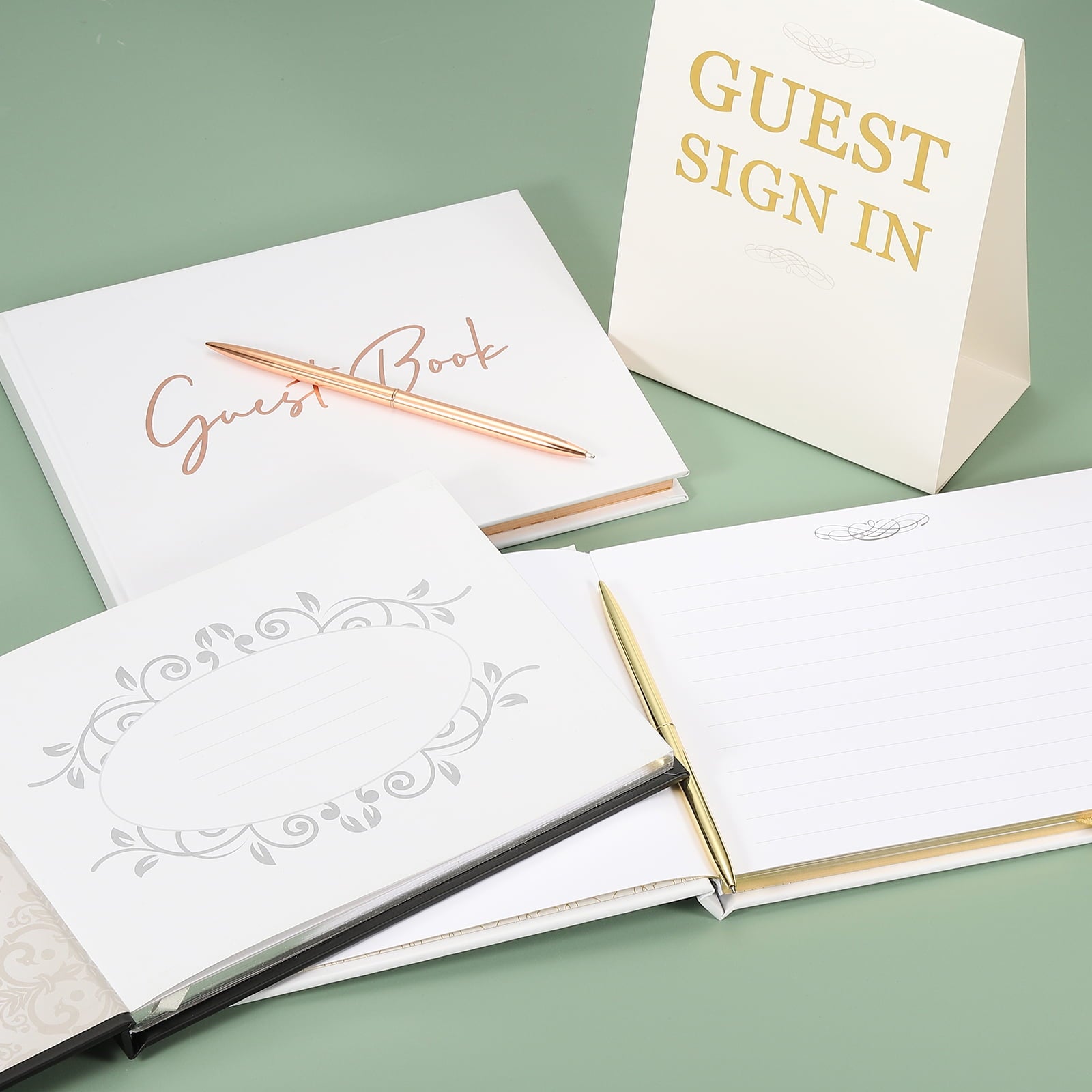 Uxcell Guest Book, 100 Pages Wedding Guest Reception Signature Book Party Decorations Supplies with Pen Signboard for Birthday Bridal Shower, Rose Gold
