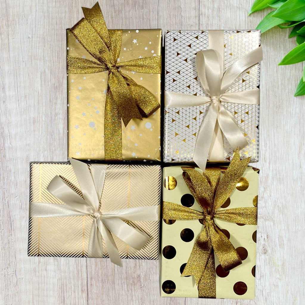 LaRibbons 30" x 10' Wrapping Paper Bundle (4 Roll Pack) White,Ivory,Gold Herringbone,Dots,Triangles,Art Deco