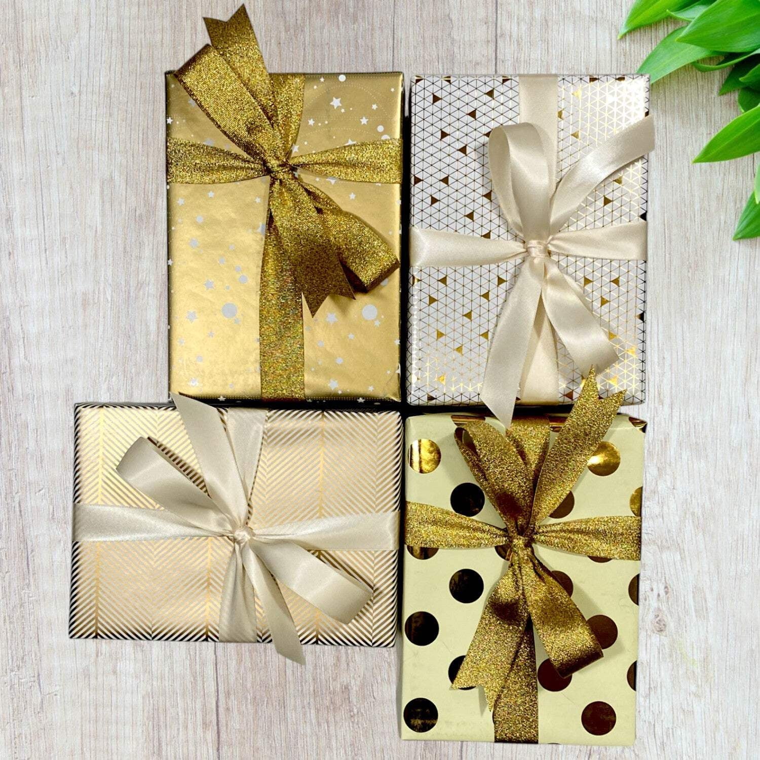 LaRibbons 30" x 10' Wrapping Paper Bundle (4 Roll Pack) White,Ivory,Gold Herringbone,Dots,Triangles,Art Deco