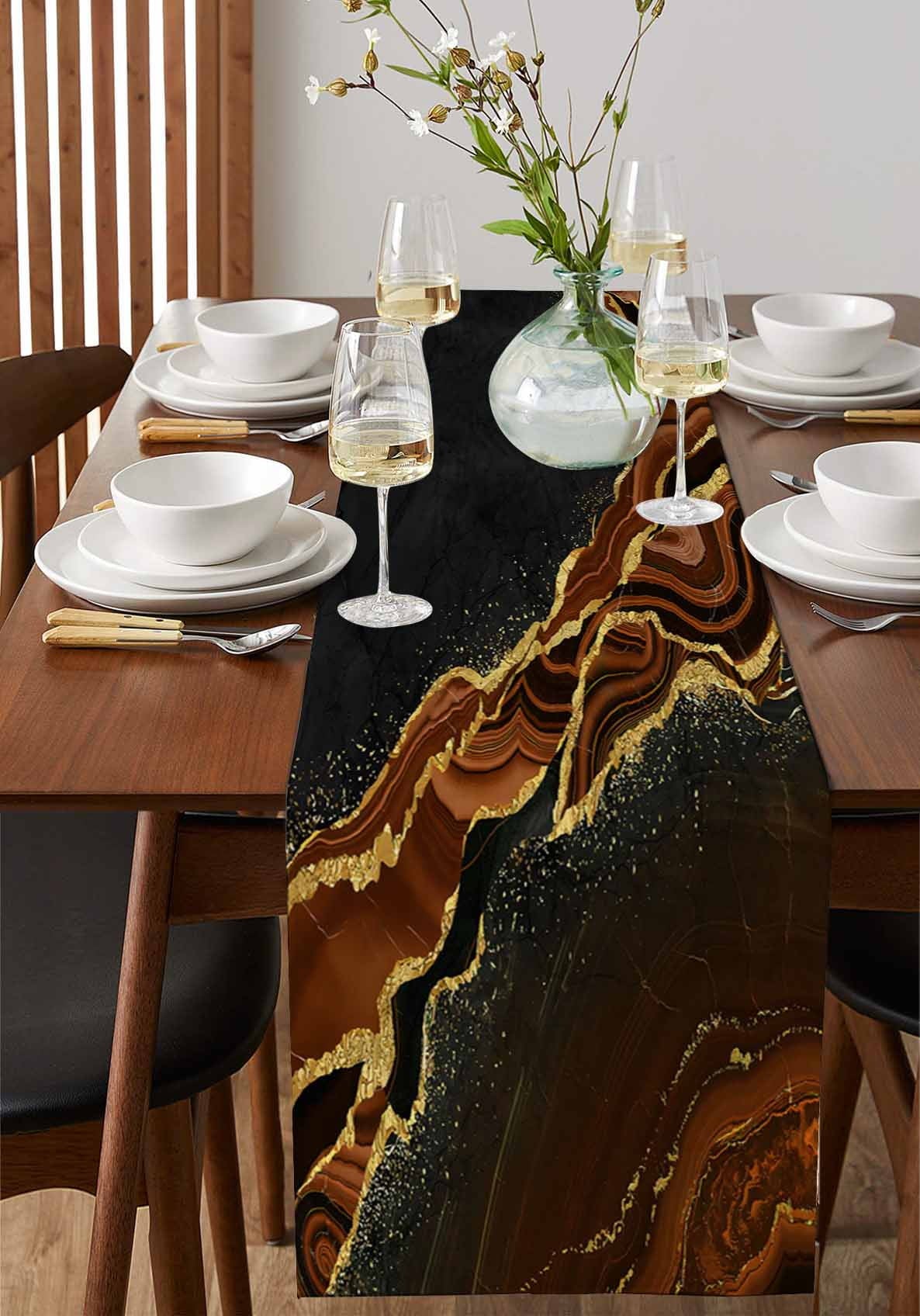 Brown Marble Table Runner Gold Abstract Vintage Modern Ombre Art Tablerunners 14 x 72 Inch, Table Decorations Tabletop Scarf for Summer Gathering Holiday Farmhouse Kitchen Dining Decor
