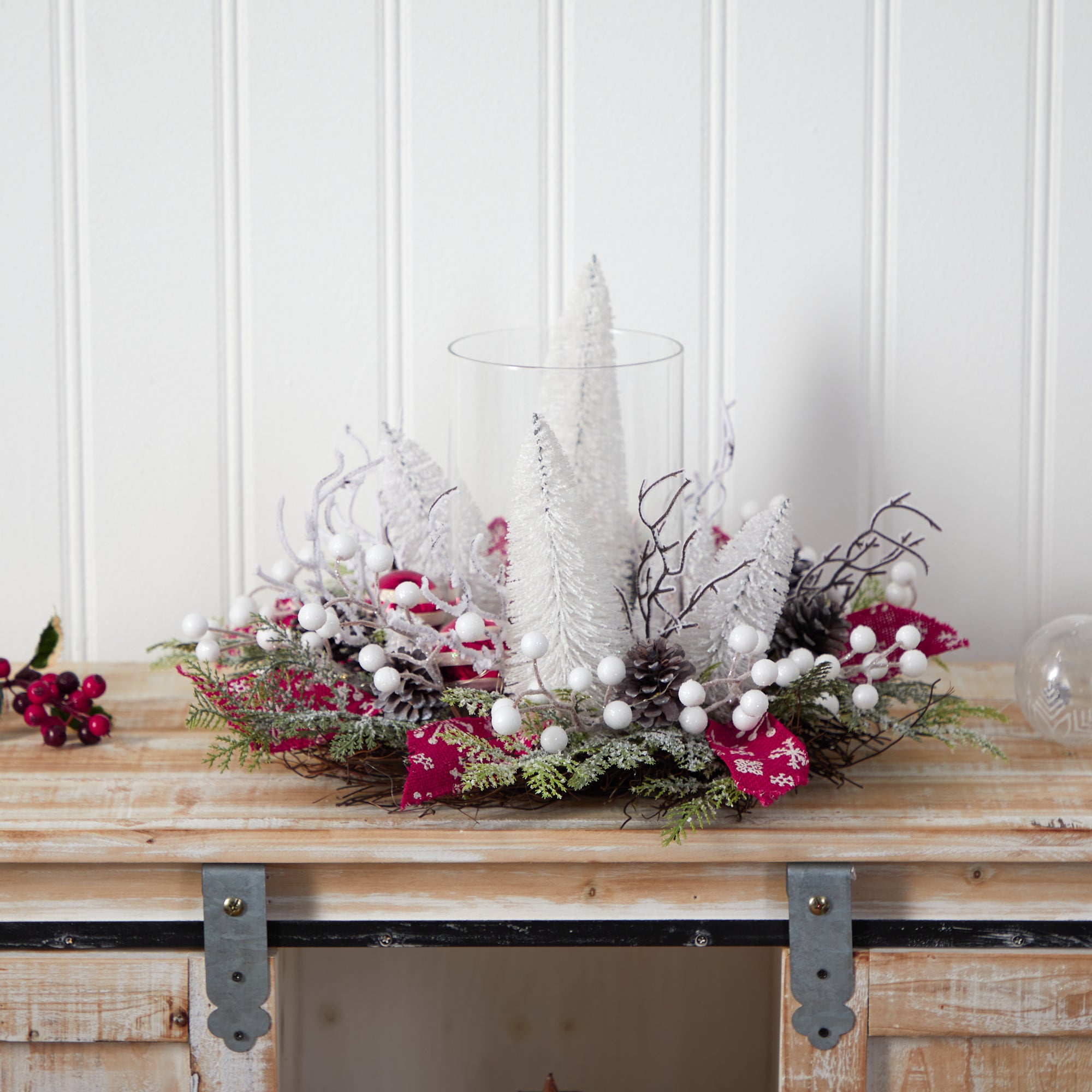 Nearly Natural 15" Holiday Lighted Forest Candle Holder Table Christmas Artificial Arrangement