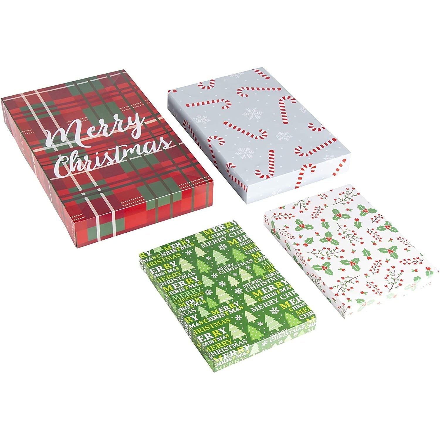 48 Pack Empty Christmas Shirt Boxes, Assorted Size Gift Boxes with Lids, Holiday Boxes for Presents in 4 Festive Designs, Perfect for Xmas Wrapping