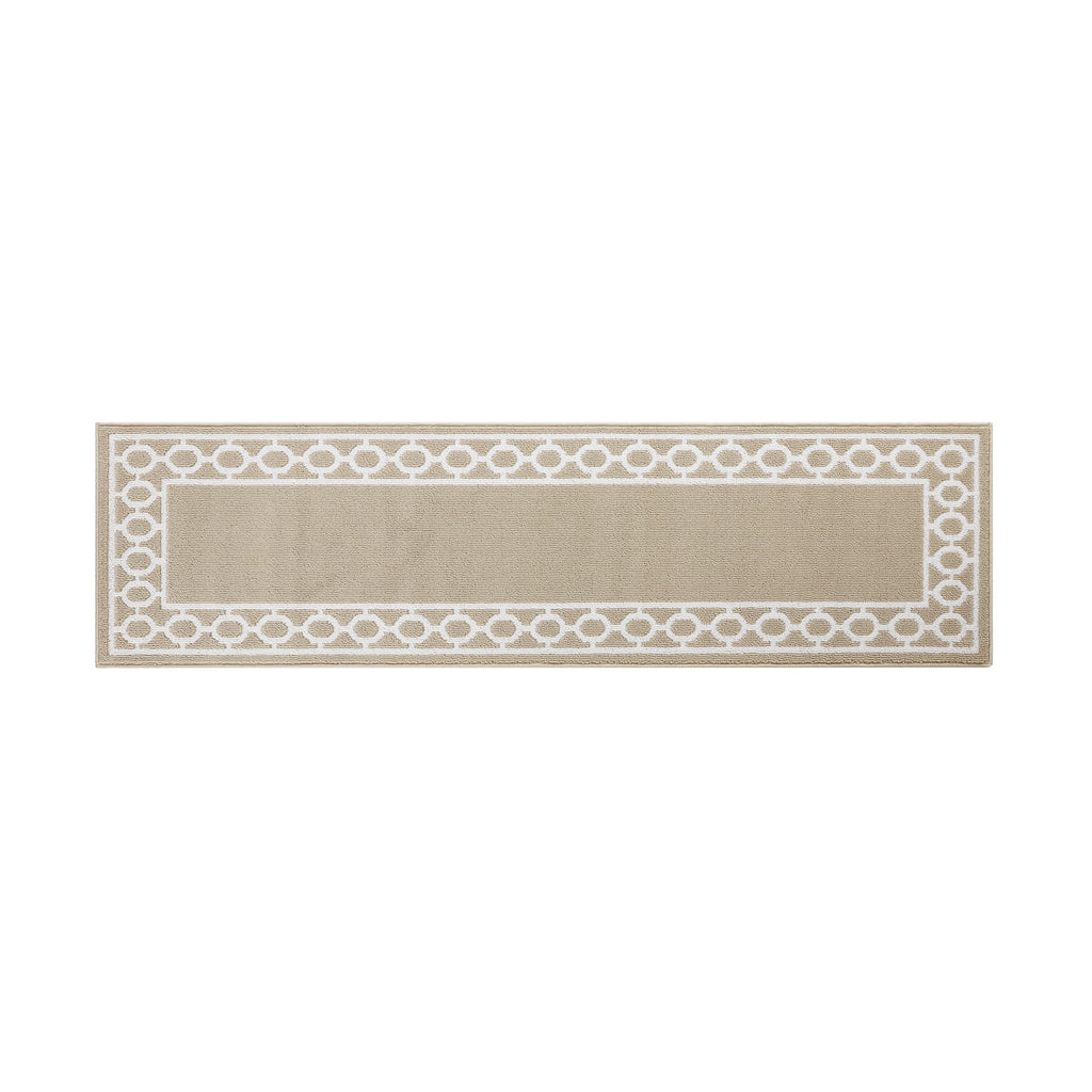 Washable Skid-Resistant Runner Rug, Trellis Border, Beige and White, 26" x 96"