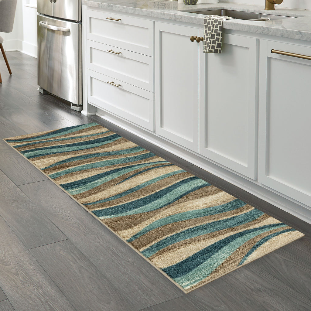 Mainstays Geometric Blue Brown Waves Indoor Hallway Runner Rug, 2'x6'