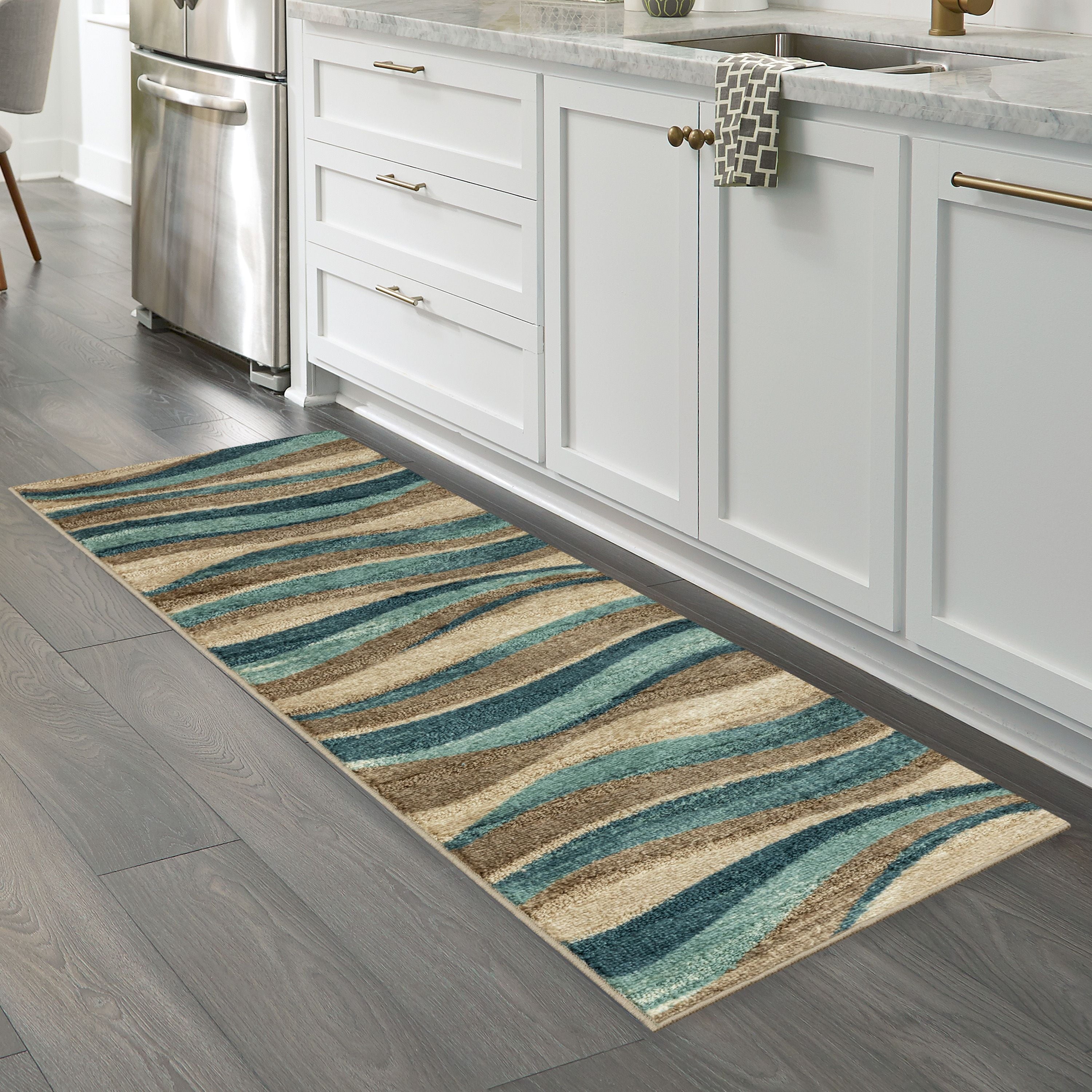 Mainstays Geometric Blue Brown Waves Indoor Hallway Runner Rug, 2'x6'