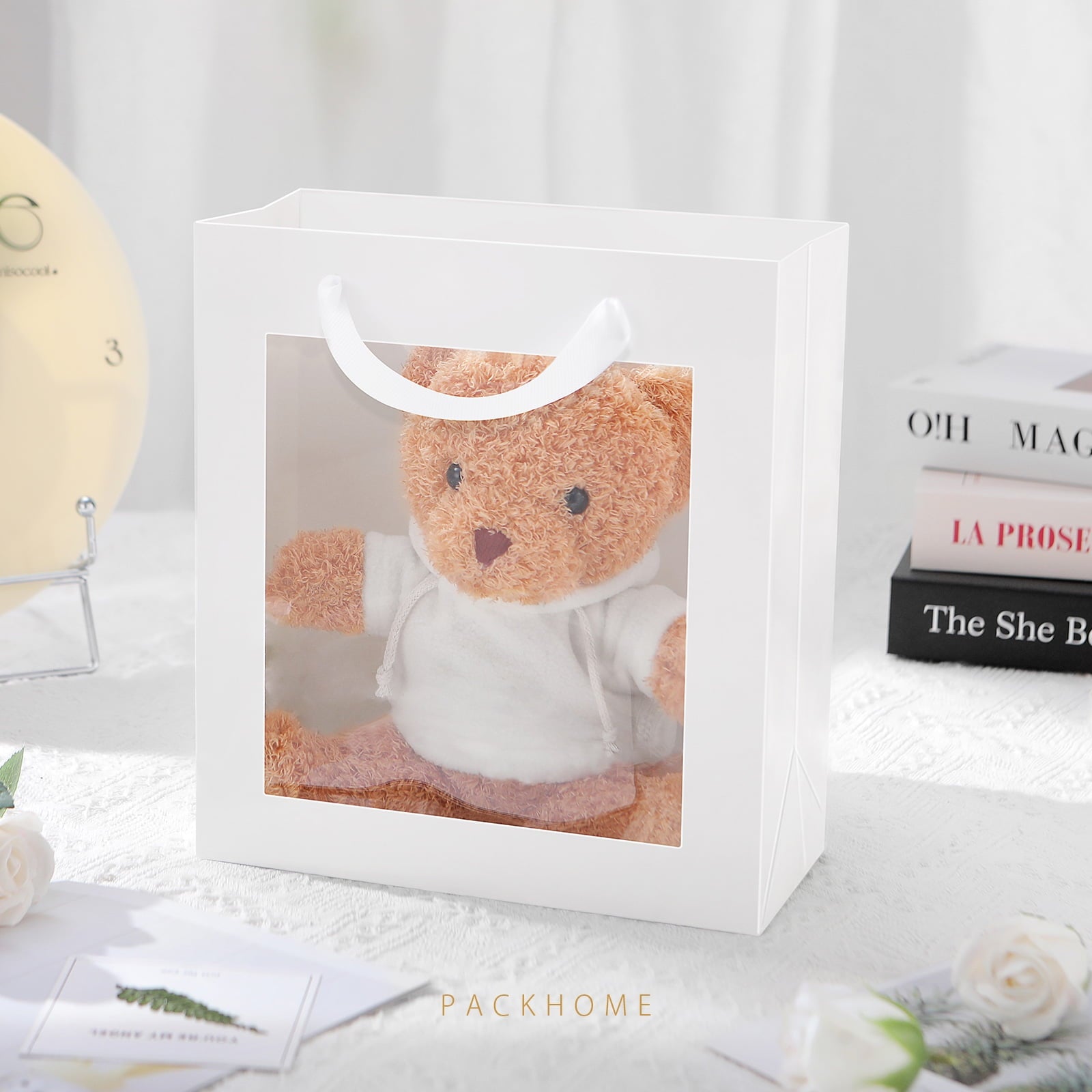 PACKHOME 12pcs White Gift Bags with Window, 10x4.5x11 inches Gift Bags with Handles for Valentine