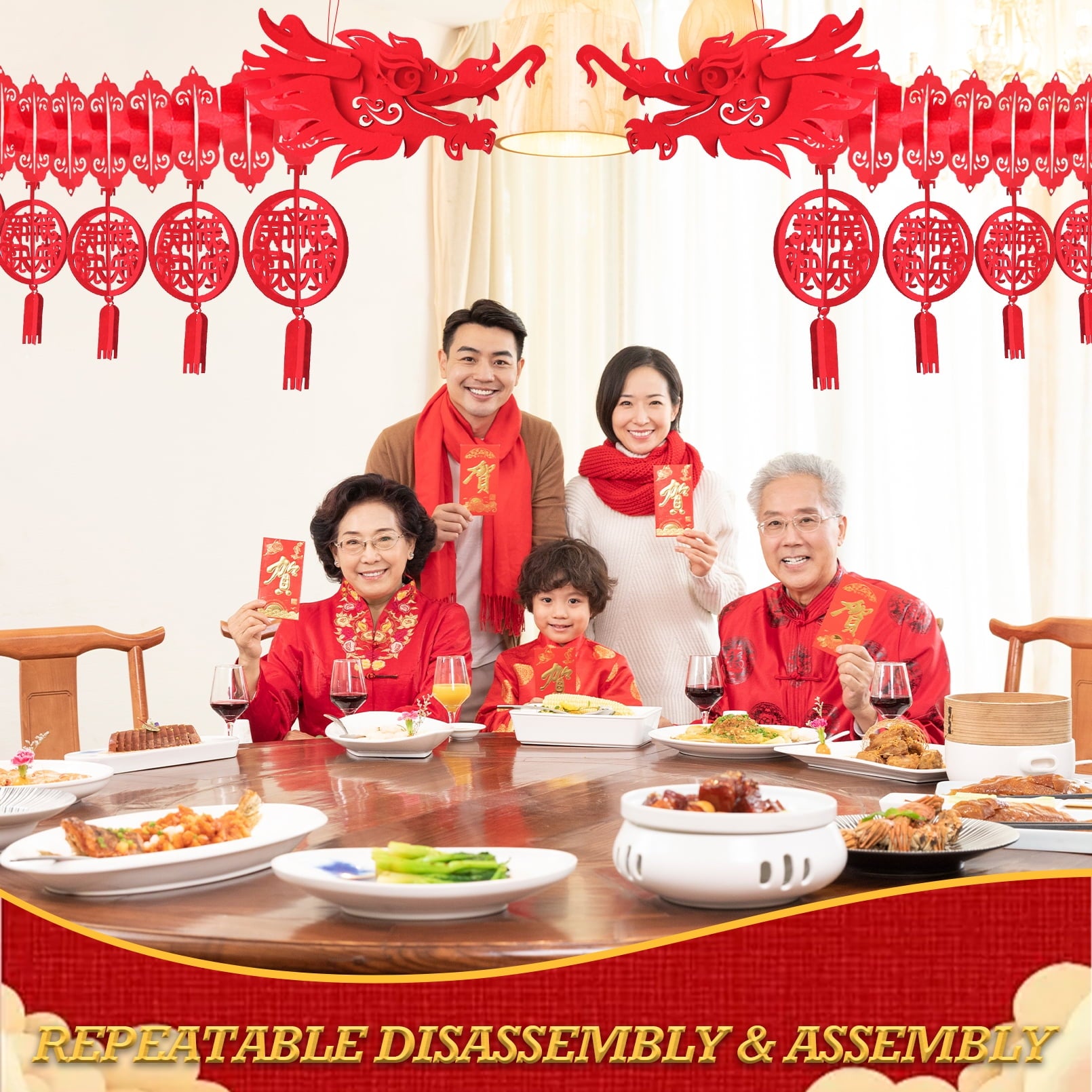 Bealkimm  Chinese New Year Dragon, 2PCS 3D Chinese New Year Dragon Ceiling Decorations and 2PCS Chinese Lanterns for Chinese New Year Decorations 2024