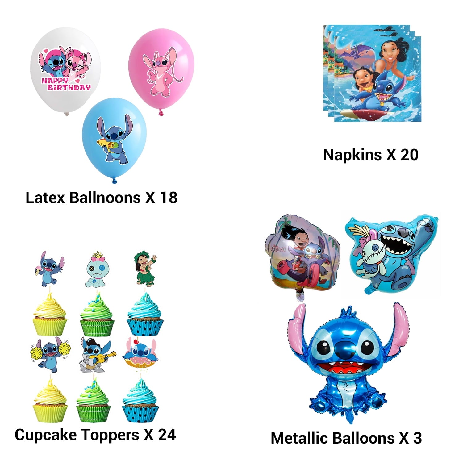 Birthday Party Stitch 189 Pcs Decoration Set - 24 Cake Toppers, 18 Balloons, 1 Happy Birthday Banner, 1 Large Cake Topper, 1 Table Cloth, 18 Latex Ballnoon, 3 Foil Balloons Party Supplies for Fans.