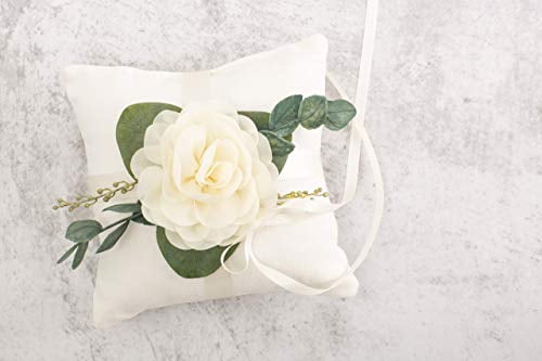 Ring Bearer Pillow - Ivory Linen-look Ring Bearer Pillow - Wedding Ring Pillow - Modern Ring Bearer Cushion with Eucalyptus Greenery by