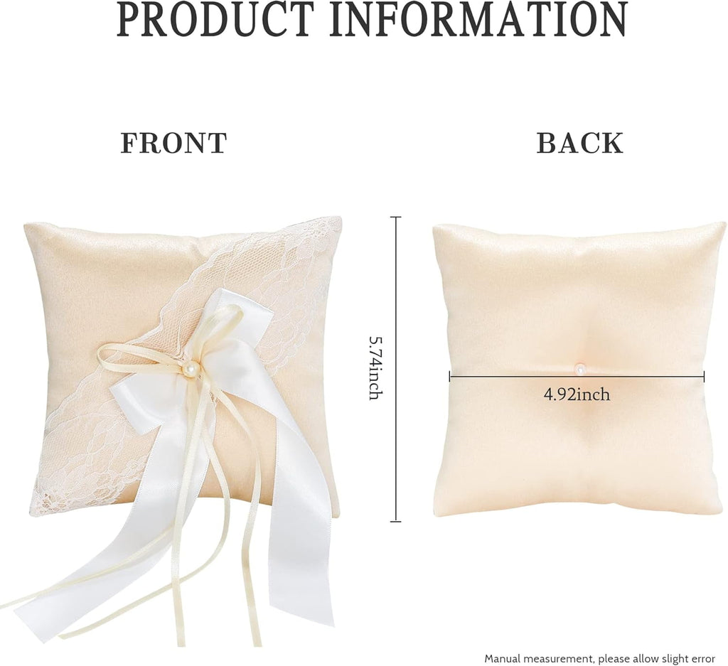 Stain Ring Bearer Pillows Faux Pearl Ribbons Bow Wedding Ring Pillows for Bridal Wedding (Champagne) Champagne 1 Count (Pack of 1)