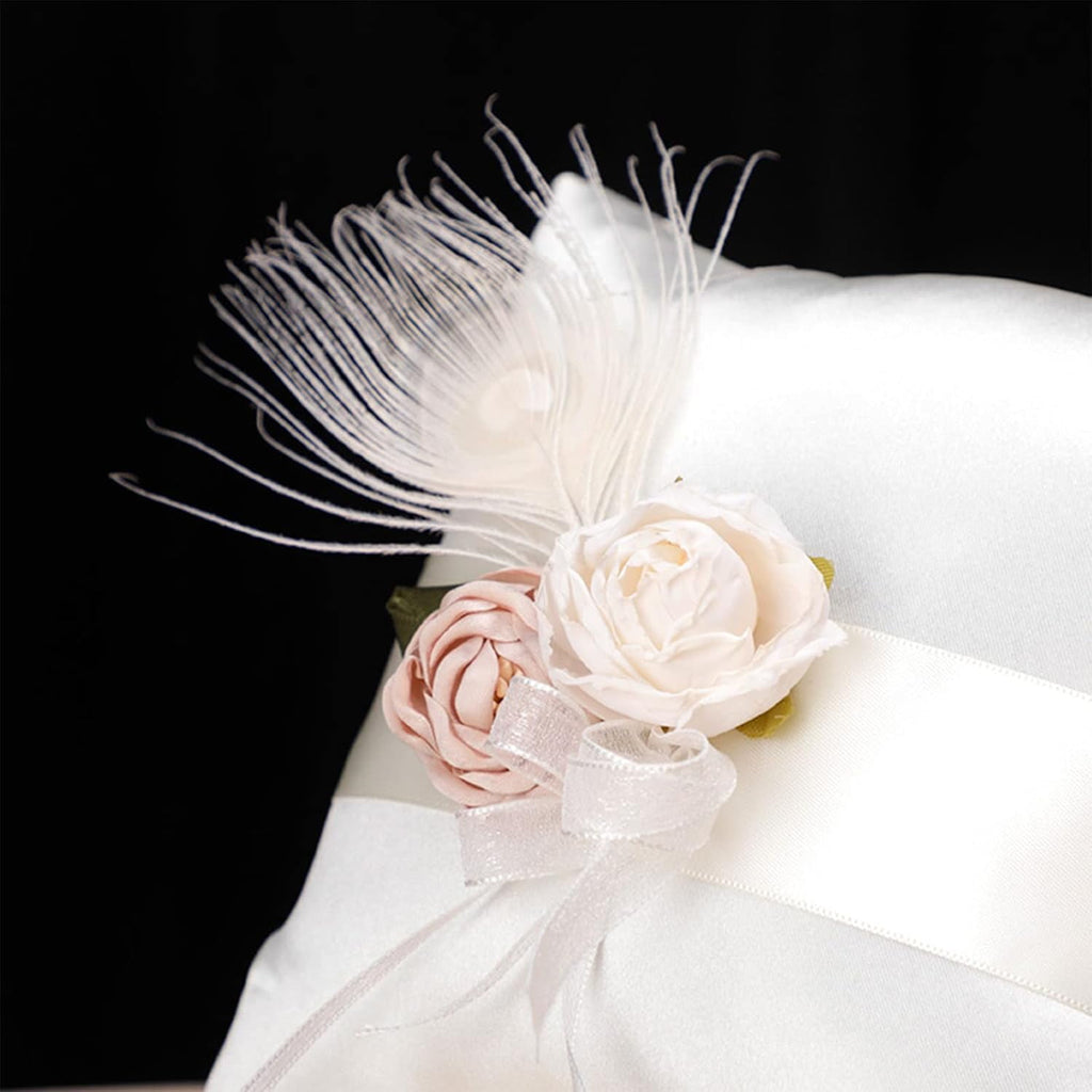 Ivory Satin Ring Bearer Pillow 7inch Wedding Ring Pillow Ribbon and Organza Flowers Decorated,for Engagement, Proposal, Wedding Banquet Ring Bearer Pillow