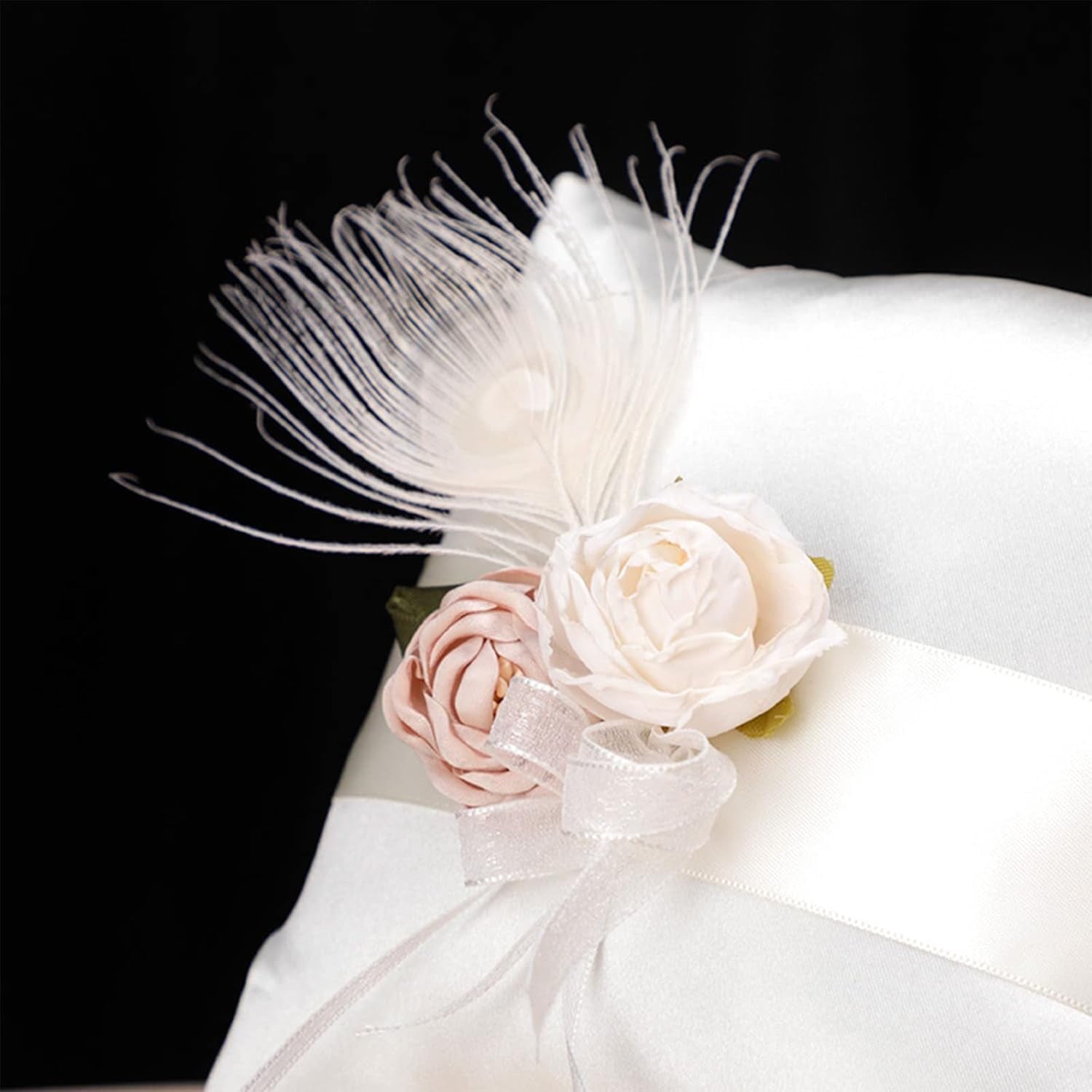 Ivory Satin Ring Bearer Pillow 7inch Wedding Ring Pillow Ribbon and Organza Flowers Decorated,for Engagement, Proposal, Wedding Banquet Ring Bearer Pillow