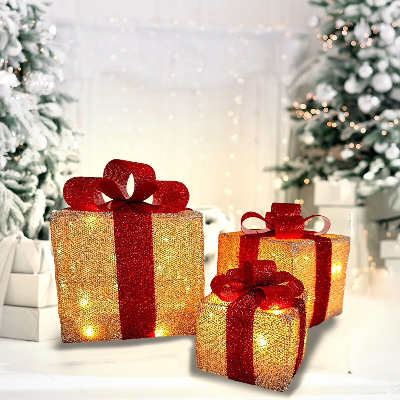 Tyidzon Christmas Lighted Gift Boxes, 3Pcs Christmas Decorations Presents Boxes with Ribbon Bows Christmas Decorations for Xmas Tree, Yard, Home, Indoor Outdoor Holiday Decor