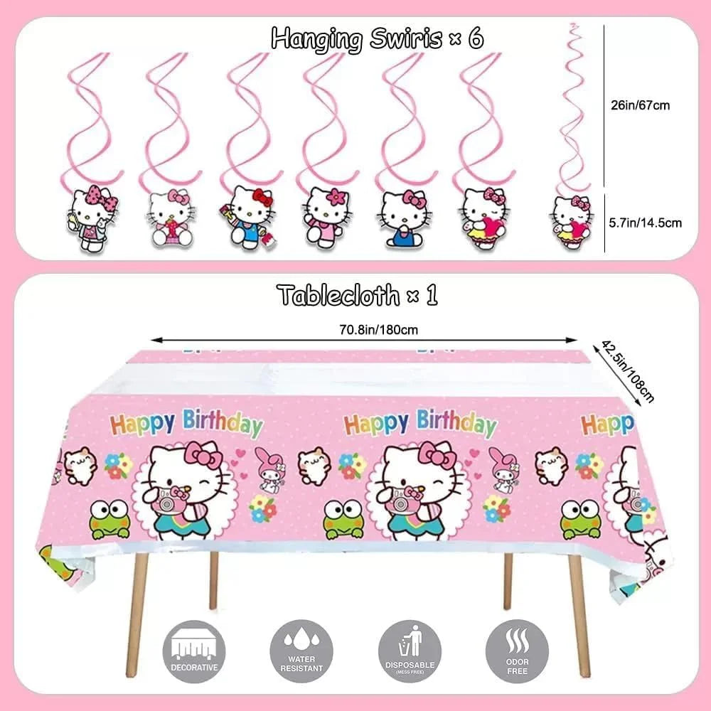Pink Birthday Decorations Set, Pink Party Supplies Cartoon Theme with Banner, Balloons, Tablecloth, Cake Toppers for Kids Cartoon Theme Party