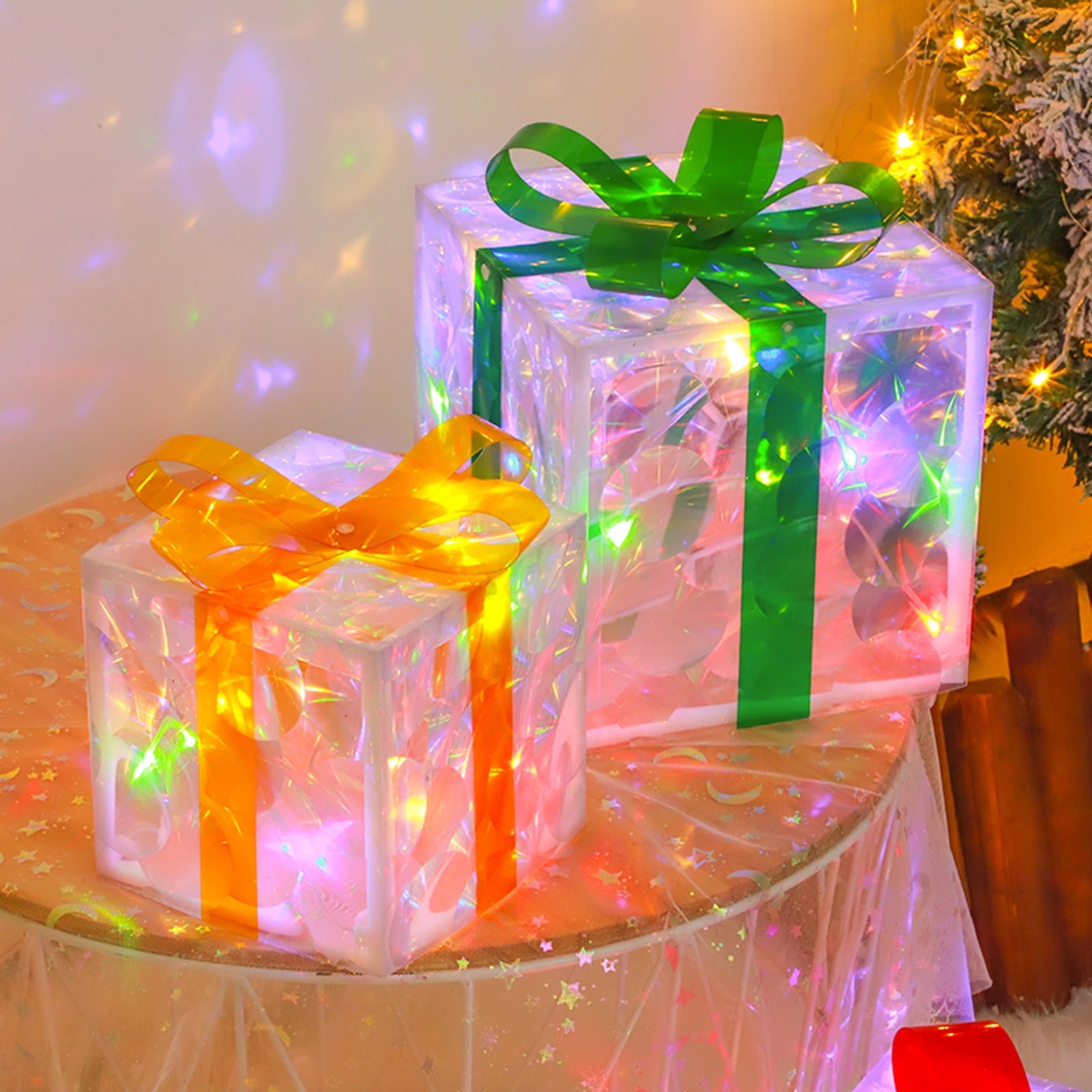 KeirineCC 3 Pack Christmas Lighted Gift Boxes Decor, Battery Operated Light up Gift Box, Christmas Decorations Tree Indoor Outdoor Home Xmas Present Box - Pink