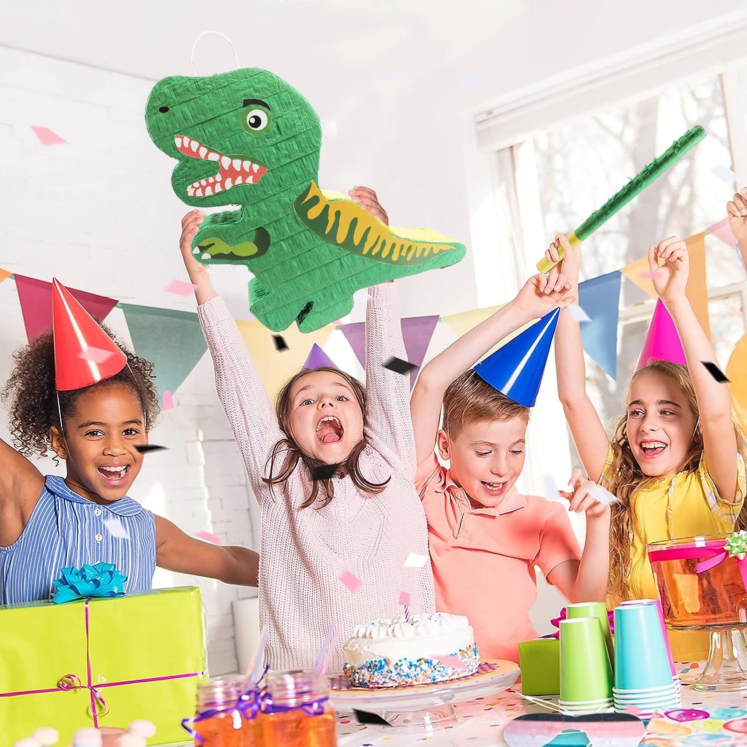 JBeeCtrl Dinosaur Pinata for Boys Bundle with a Blindfold and Bat (16.1x13.4x3.5 Inches), T-Rex Dino Pinata for Boys Kids Birthday Parties,  Decorations