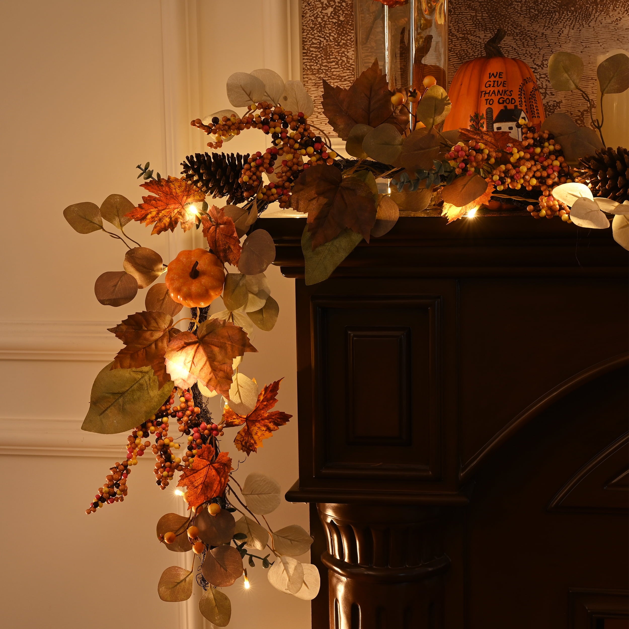 Valery Madelyn 6Ft Pre-Lit Fall Garland Lighted Harvest Garland with Red Orange White Pumpkin & Pine Cone for Thanksgiving Fireplace Farmhouse Front Door Banisters Porch