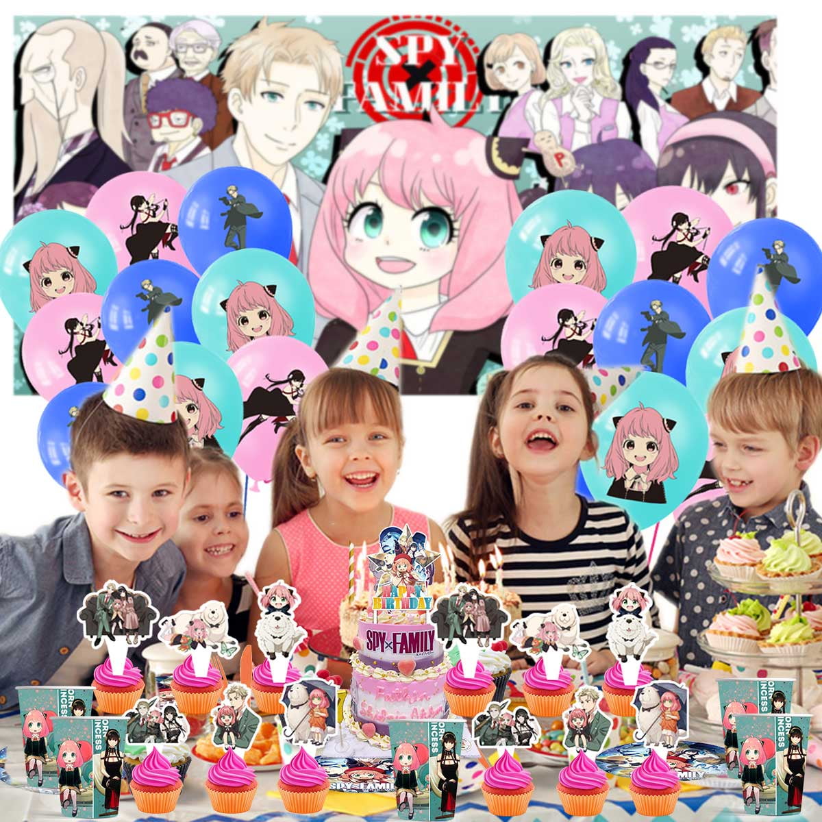 Spy family Party Supplies Cake Topper Decor Banner Backdrop Tableware Balloons Birthday Decorations