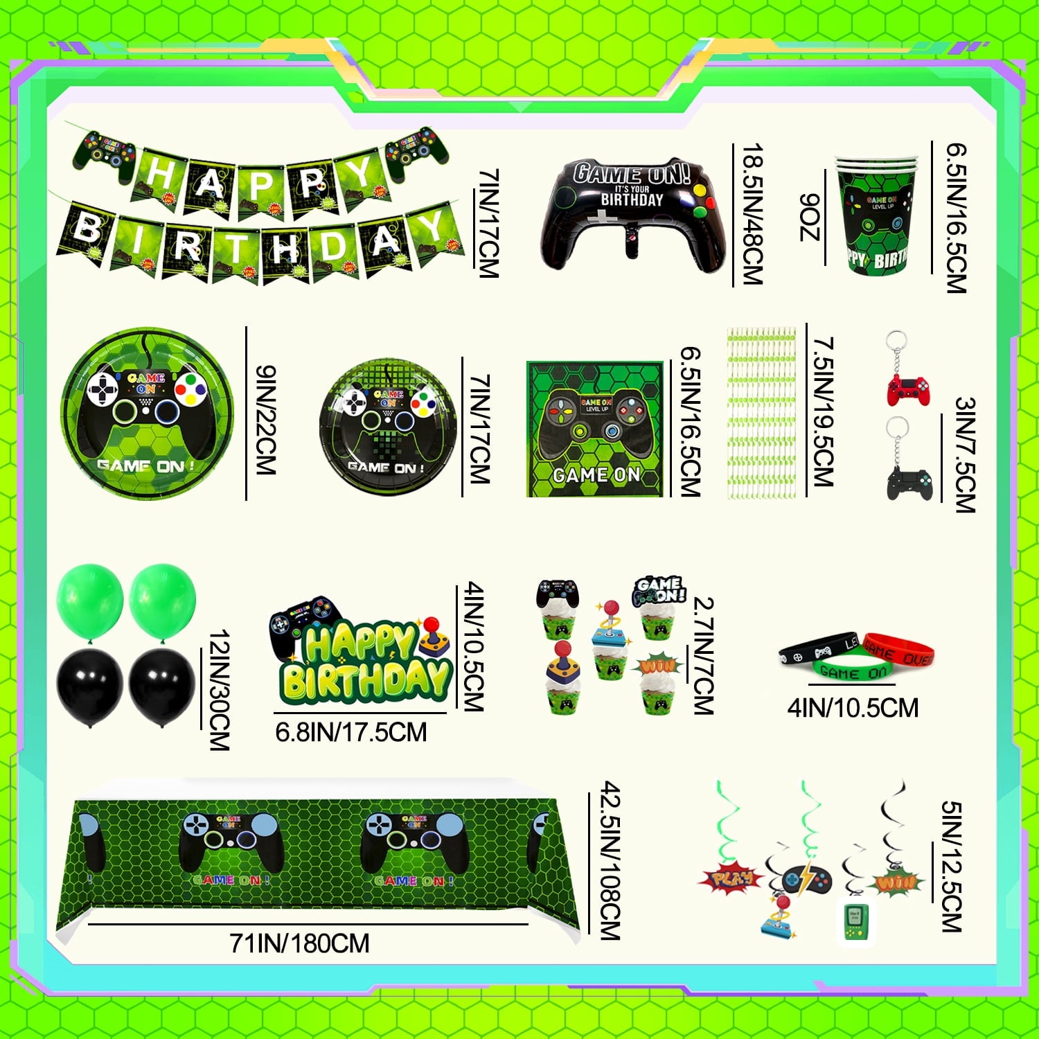 Gaming Birthday Party Supplies for Boys,132pcs Video Game Party Decorations&Tableware Set - Gaming Decorations Plates Cups Tablecloth Balloons Banner Cake Topper etc Game On Birthday Party Supplies