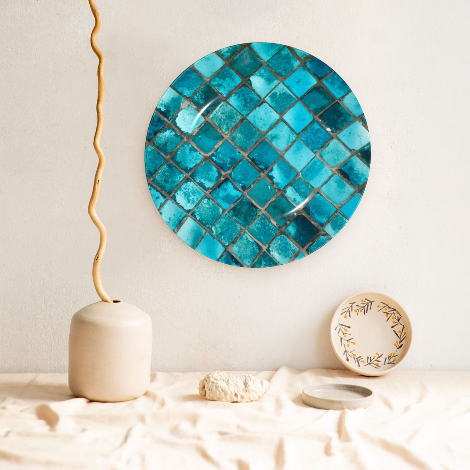 Honeii Square Glass Mosaic Print Elegant Bone China Decorative Plate, Porcelain Plate,Art Crafts,Ceramic Ornaments for Home Office Wall Decor-6in