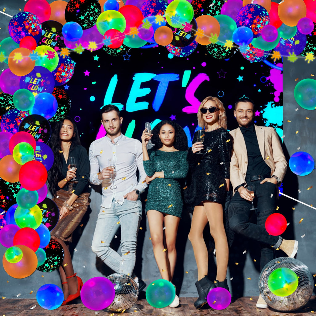 44 Pieces Glow Neon Party Supplies - Neon Balloons, Glow in the Dark LET'S GLOW Backdrop Banner, Garlands, Tablecloth, Plates, Napkins, and Cup for Blacklight Party Decorations, Serve 20 Guests