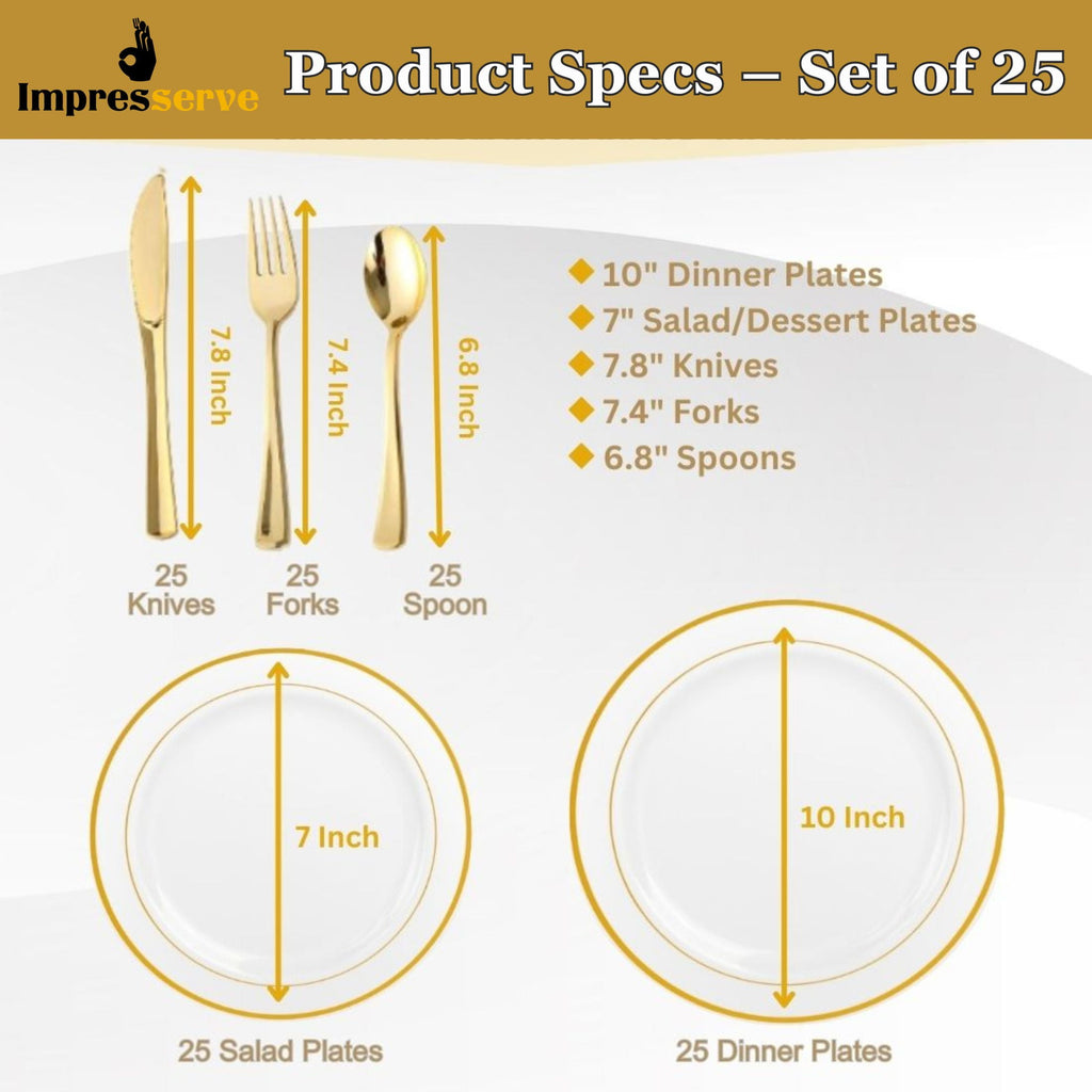 Impresserve Elegant Gold Disposable Plastic Dinnerware Set - 125 Pieces with Plates and Utensils for 25 Guests