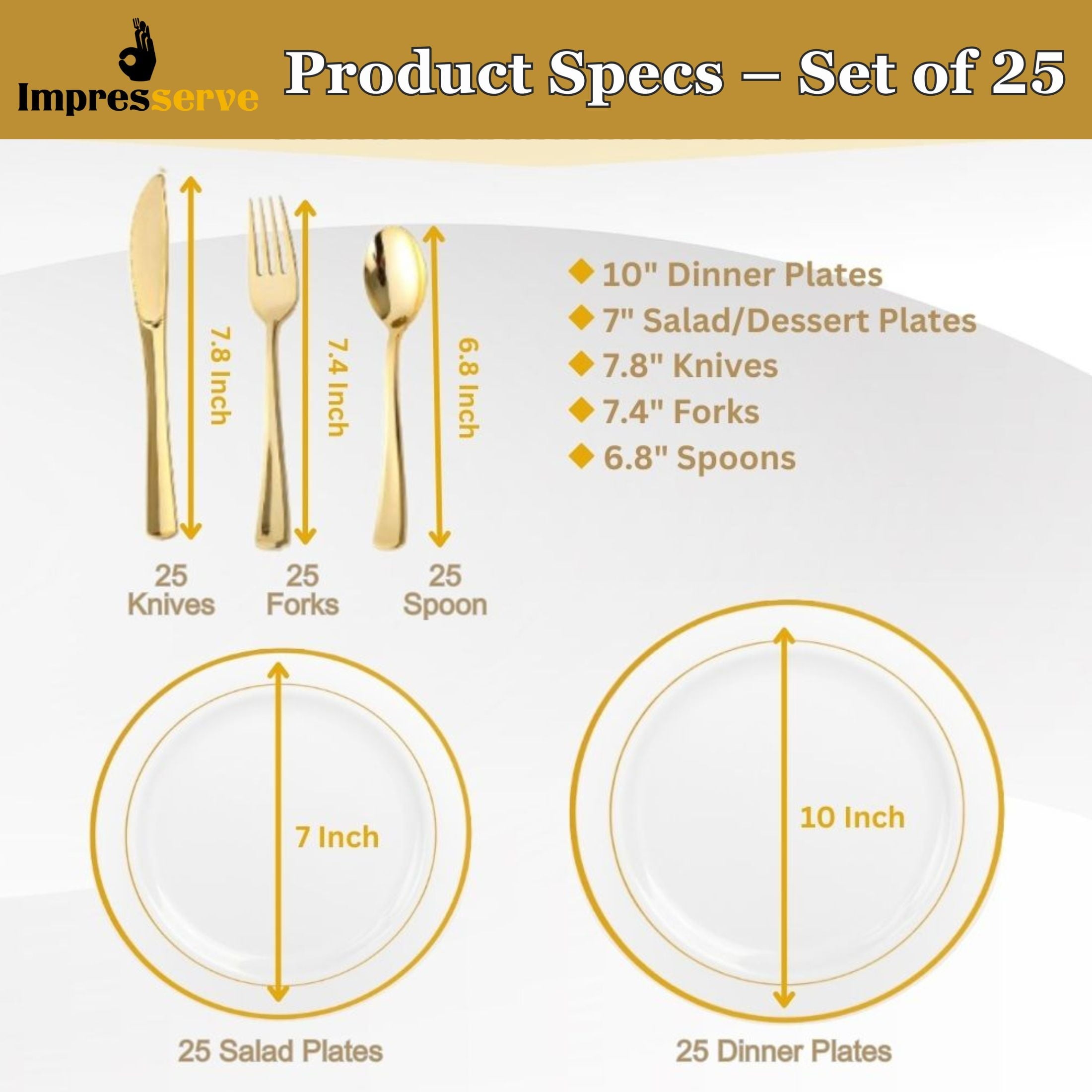 Impresserve Elegant Gold Disposable Plastic Dinnerware Set - 125 Pieces with Plates and Utensils for 25 Guests