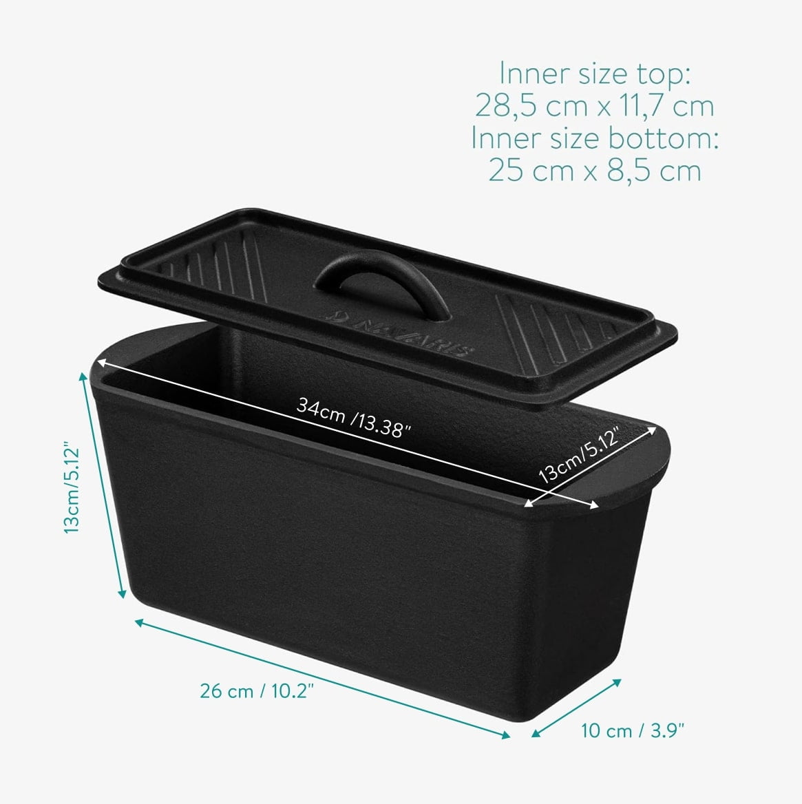 Navaris Bread Loaf Pan with Lid - Cast Iron Baking for Bulge Top Flat Breads Meat Veg Meatloaf Banana Tin, 13 3/8" x 5 1/8"- Black
