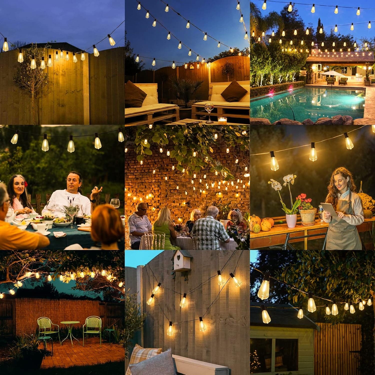 Nordic Hygge LED Outdoor String Lights 100FT Patio Lights with 52 Shatterproof ST38 Vintage Edison Bulbs