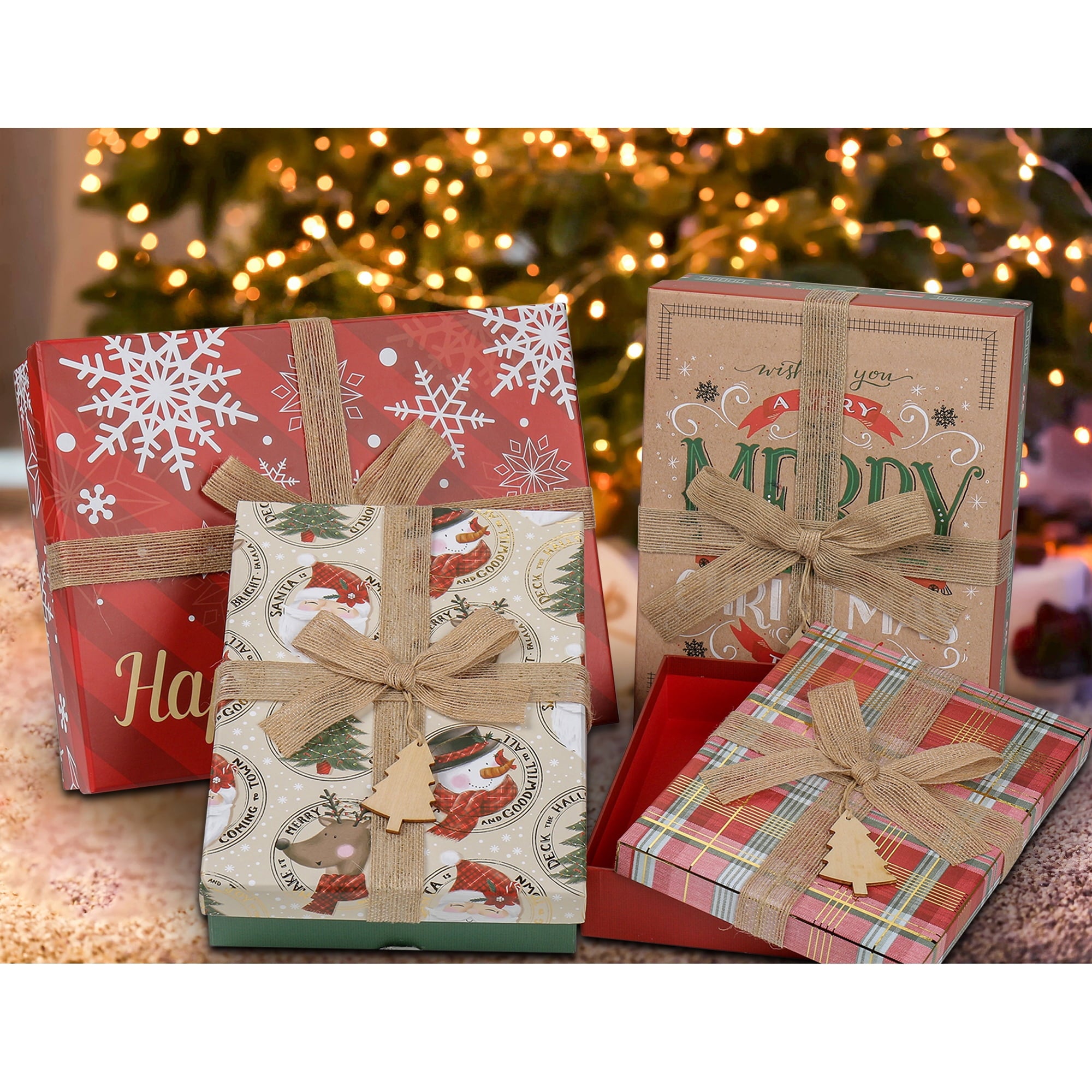 4 Pack Christmas Gift Boxes with Lids Nesting Square Box Set in Bows Decor Designs for Christmas Holiday Birthday Wedding Present