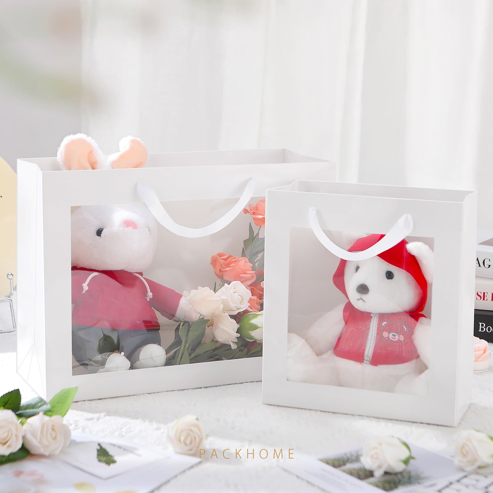 PACKHOME 12pcs White Gift Bags with Window, 10x4.5x11 inches Gift Bags with Handles for Valentine