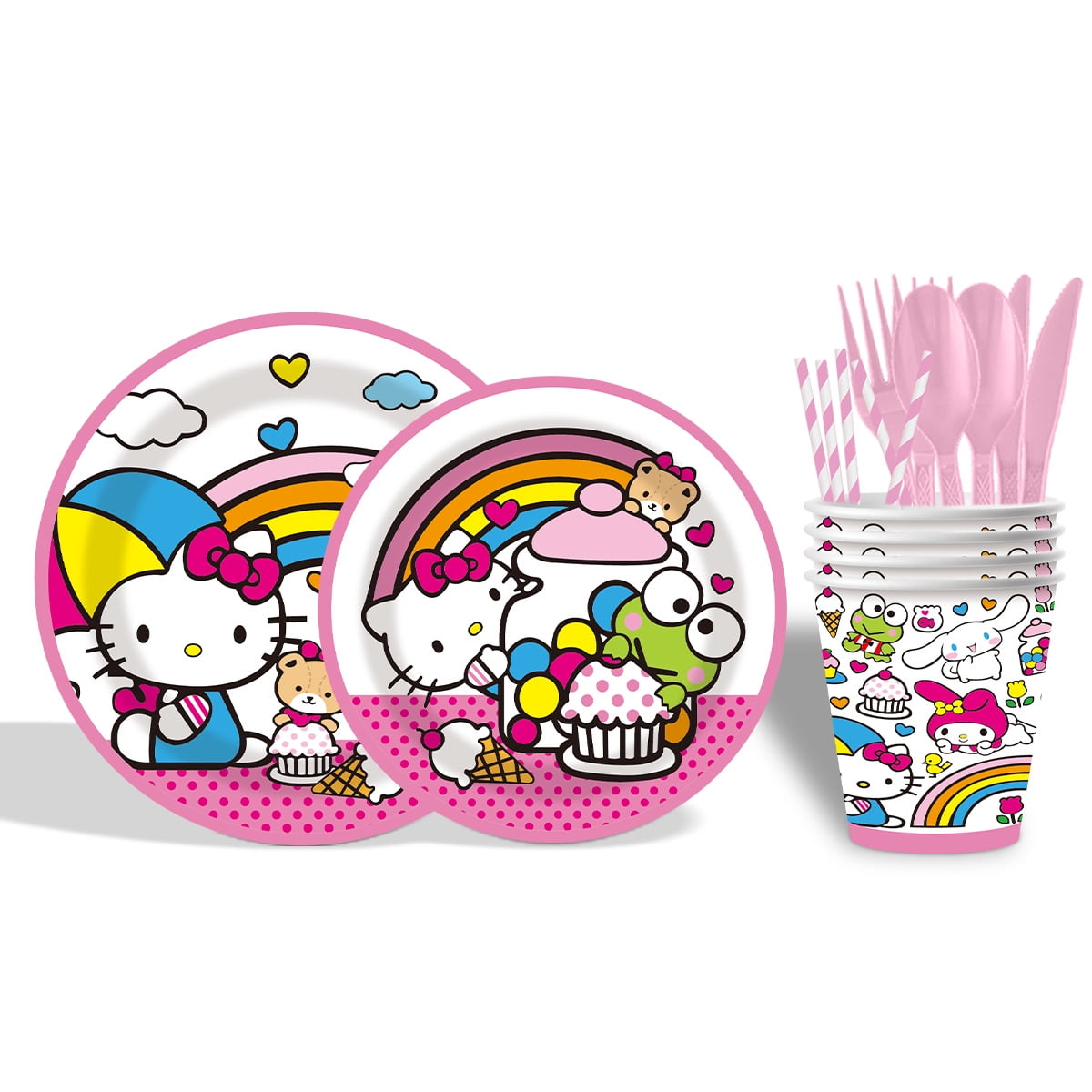 HELLO-KITTY 82/92 PCS Party Supplies, Party Tableware, Disposable Paper Plates- Napkins-Forks Dinnerware Set