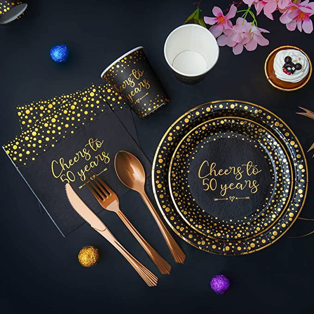 50th Birthday Party Supplies Tableware Serves 24: 9" Paper Plates 7" Plate 9 Oz Cups Napkins Forks Knives Tablecloth 50th Birthday Black & Gold Dot Themed Disposable Dinnerware