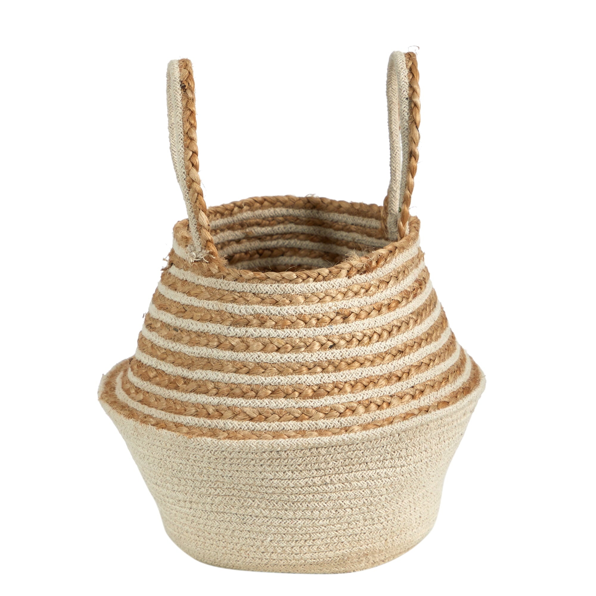 Nearly Natural 14" Boho Chic Belly Basket Natural Jute and Cotton Basket Planter, Cream Cotton Bottom Natural Top with Handles