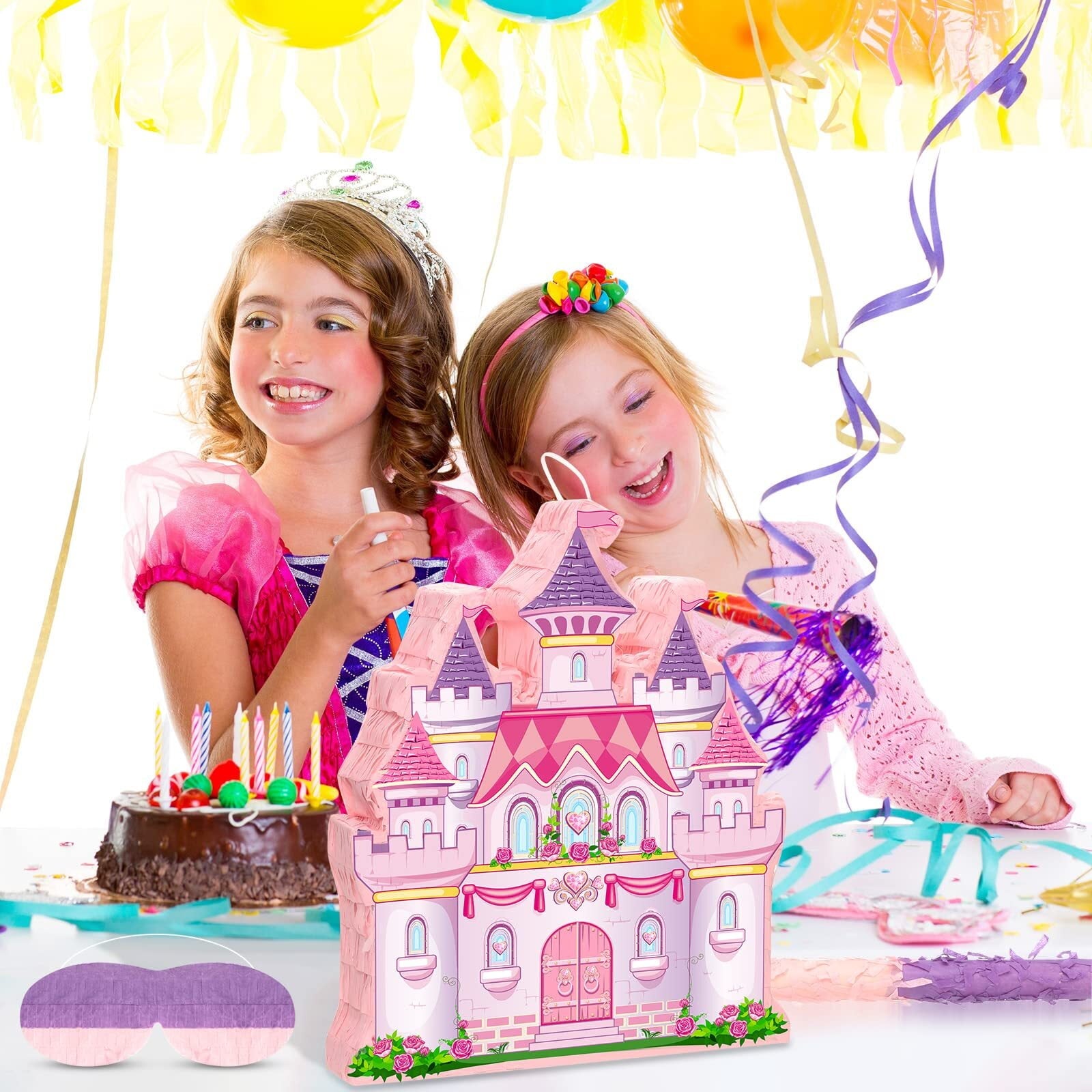 JUGAAD LIFE Princess Castle Pinata Party Supplies Pinata Bundle with Blindfold, Bat and Colorful Confetti for Girls Boys Kids Birthday Party Toys Game Decorations