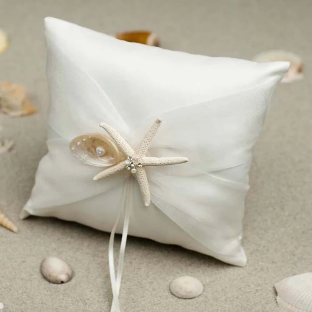 4Pcs Starfish Shell Satin Wedding Supplies Set Flower Girl Basket + Ring Bearer Pillow + Guest Book + Pen Set Holder for Bridal Wedding Shower Ceremony Anniversary Celebrations Party Decorations