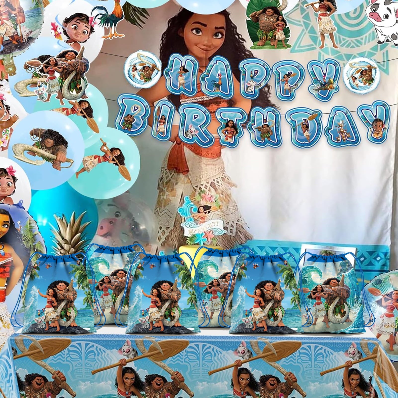 Moana Party Drawstring Bag,12pcs Reusable Moana Non-Woven Gift Backpacks Moana Goodie Favor Bags for Movie Girls Theme Birthday Party Decorations Supplies