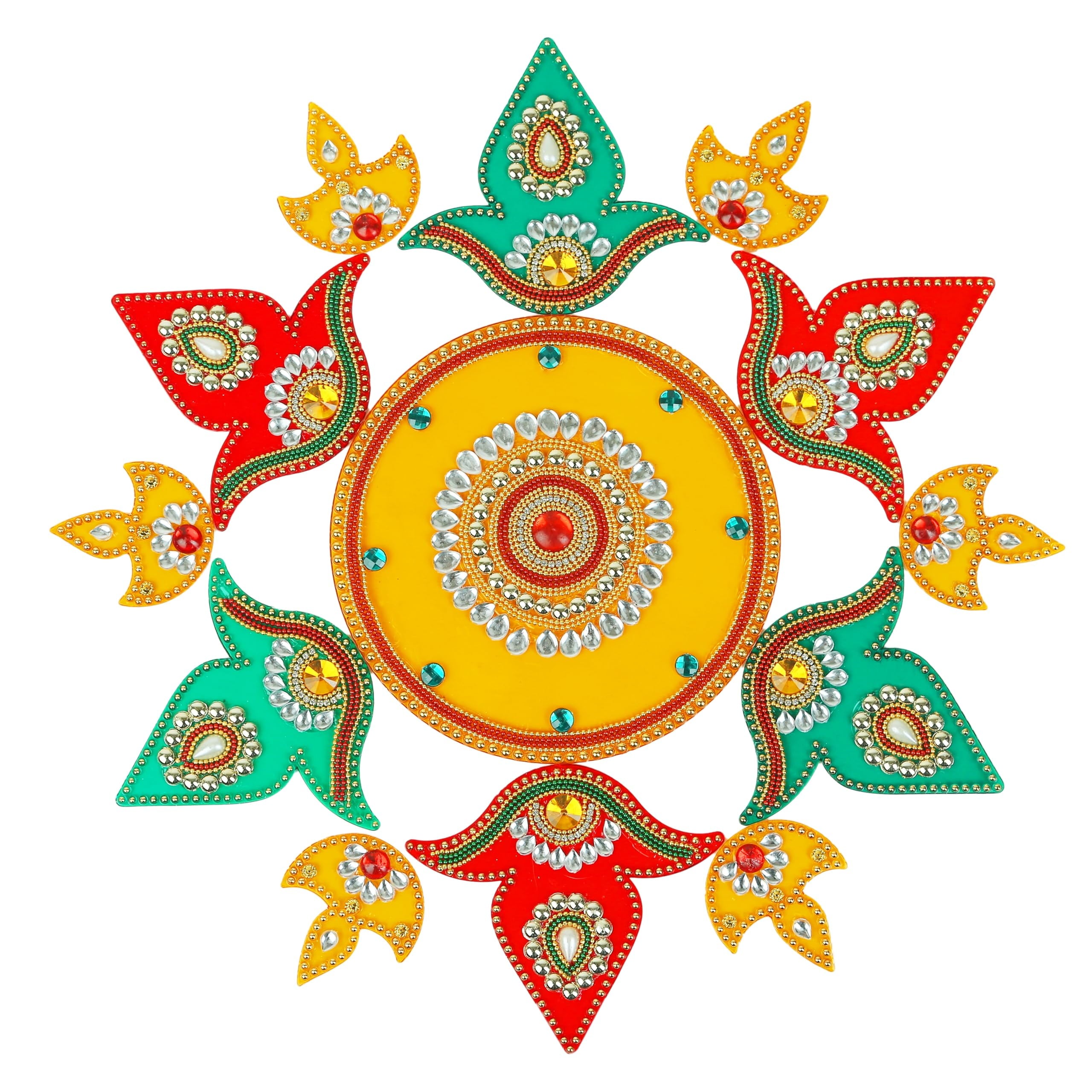 Designer Floor Rangoli Reusable Round Rangoli Acrylic Rangoli Indian Traditional Home Floor Decor Gift for Home Interior Floor Festival Decorations and Gifting(Size:14")(Red,Yellow & Green)