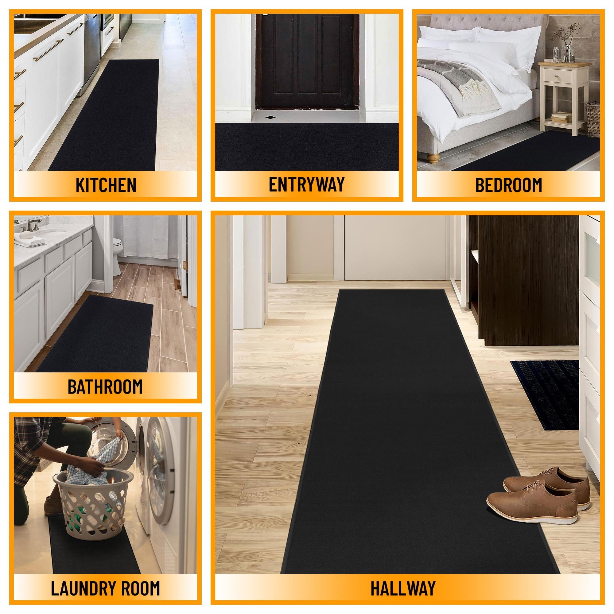 Sweet Home Stores Machine Washable Non-Slip Rubberback Solid 3x10 Runner Rug, 2'7" x 9'10", Black