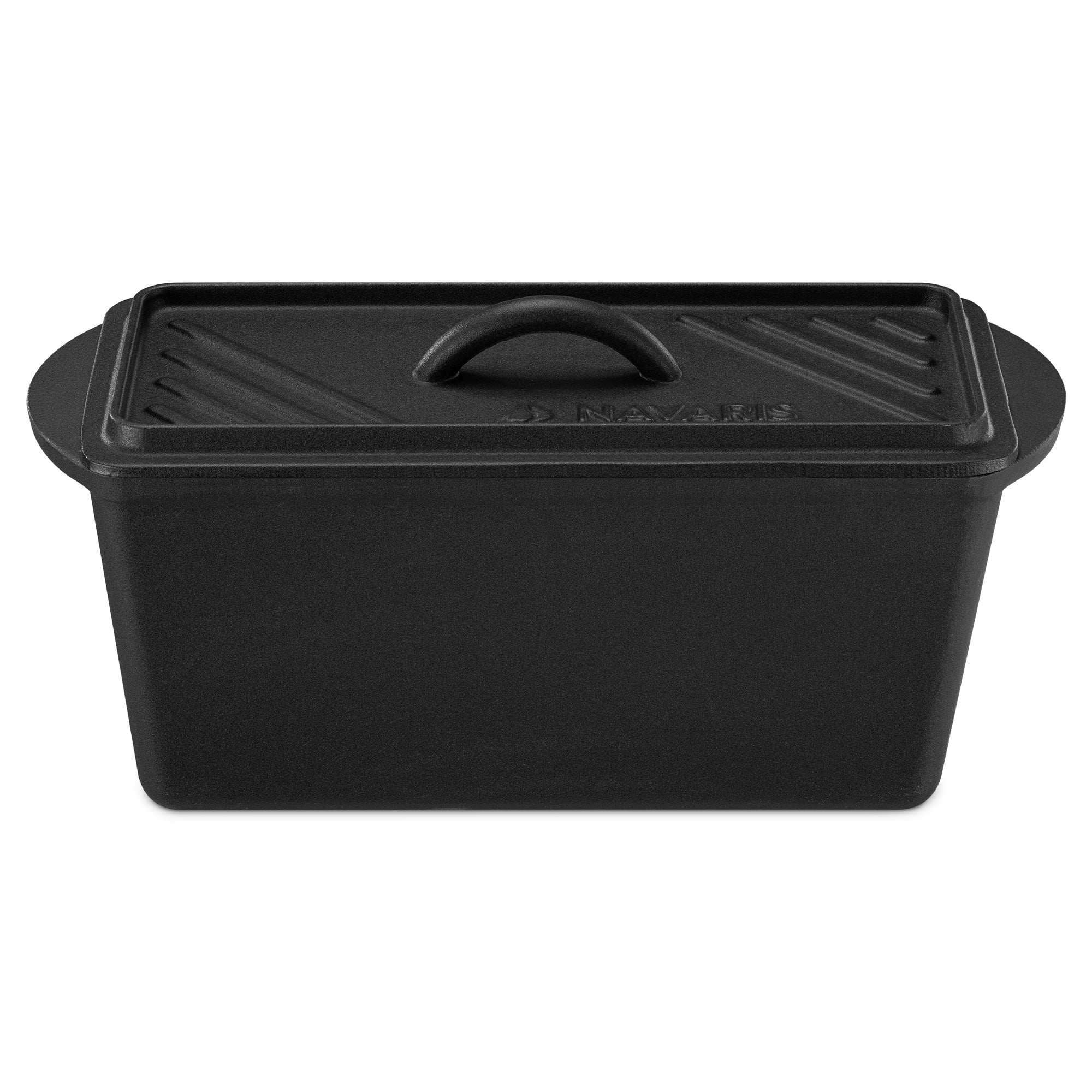 Navaris Bread Loaf Pan with Lid - Cast Iron Baking for Bulge Top Flat Breads Meat Veg Meatloaf Banana Tin, 13 3/8" x 5 1/8"- Black