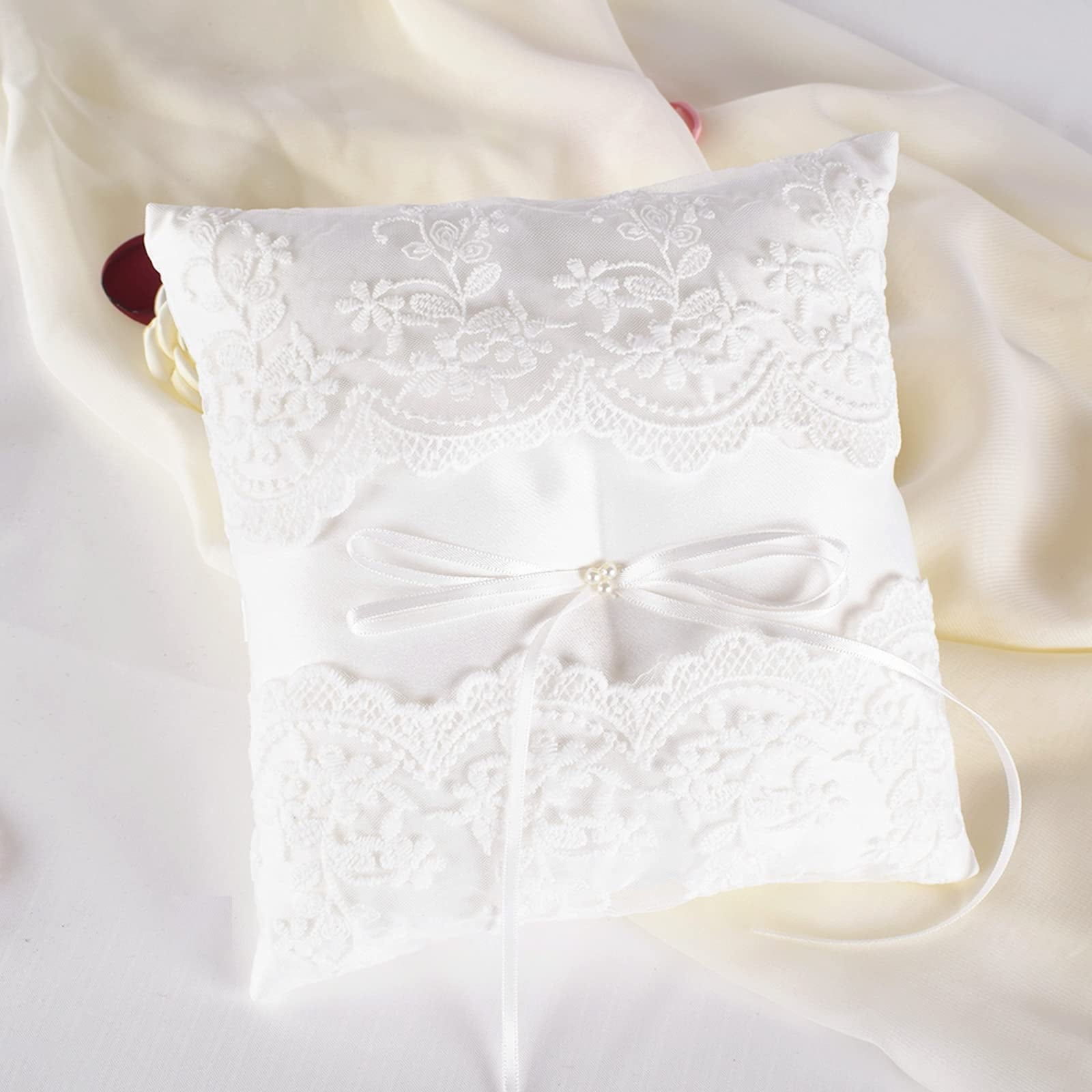 Lace Pearl Wedding Ring Pillow, Ivory Ring Bearer Cushion for Bride Groom Ceremony, Matte Satin with Back Holder Ribbon, White