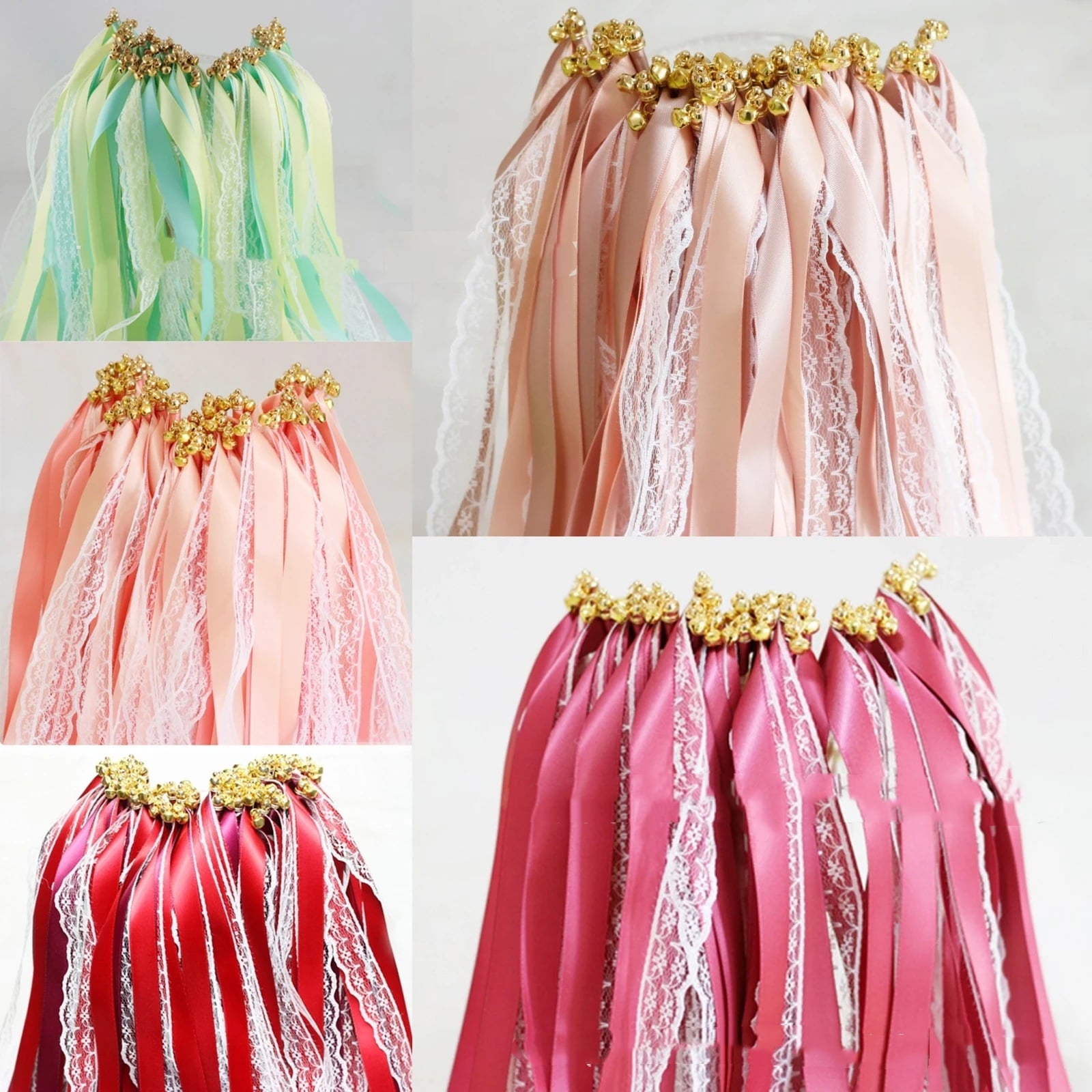50 Pieces Ribbon Wands Wedding Streamers with Bells, Lace Fairy Stick Wand Party Ribbon Streamers Chromatic Silk Streamers for Party, Birthday and Holiday