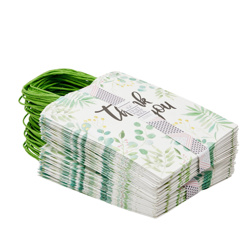 50 Pack Green Leaf Paper Gift Bags with Handles, White Thank You Bag for Small Business Boutique, Baby Shower Party Favors, 10x8x4 in