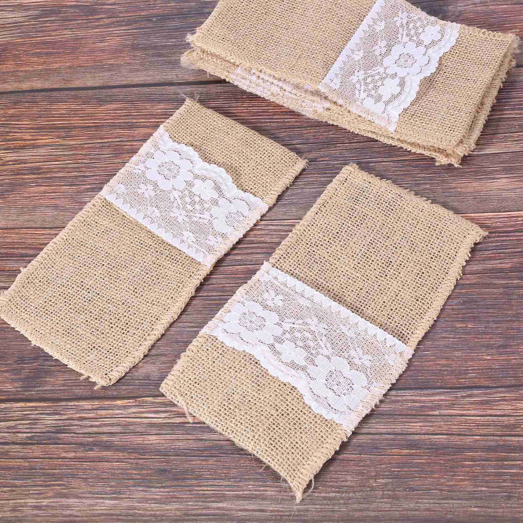 100pcs Natural Jute Cutlery Knives and Forks Cutlery Set Silverware Bag Holder Burlap & Lace Party Wedding Decor,21x11cm