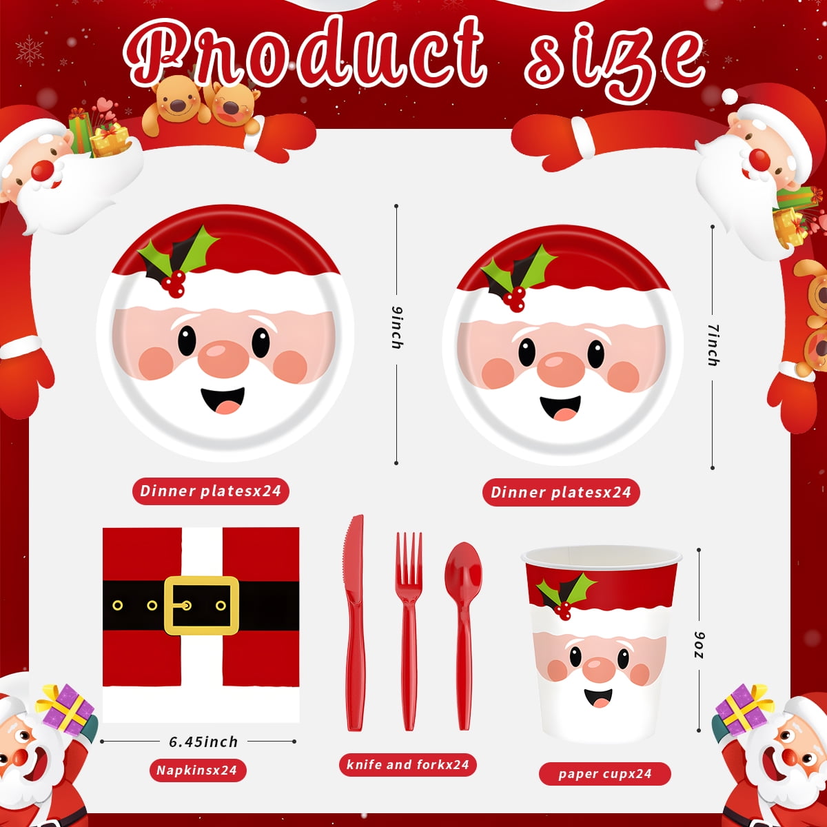 Christmas Paper Plates Dinnerware Santa Clous Christmas Party Supplies Decorations  Kids Disposable Dishes Napkins Tablecloth Serve 24 Design1