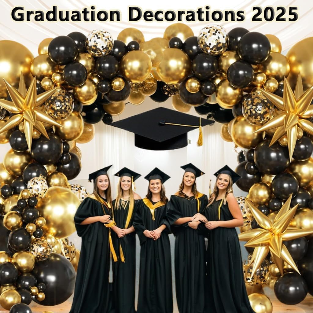 Black and Gold Balloons Garland Arch Kit, Black Gold Confetti Balloons for Class 2025 Graduation Grad Party Decorations Birthday Retirement Prom Bachelorette Pool Party Anniversary Decorations
