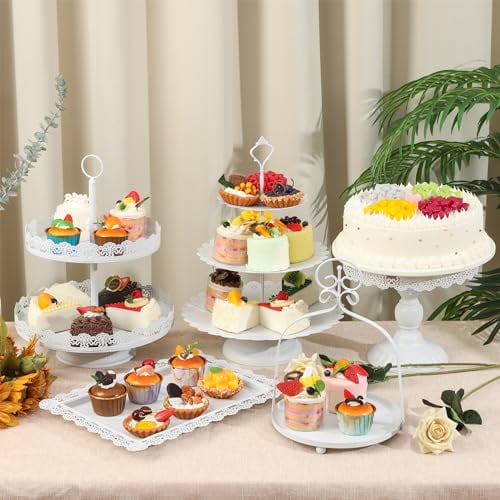 ZUMELER 5Pcs White Cake Stands Set Metal Cupcake Holder Cookies Dessert Display Plate Serving Tower Tray Platter with Handl for Baby Shower Wedding Birthday Party Celebration